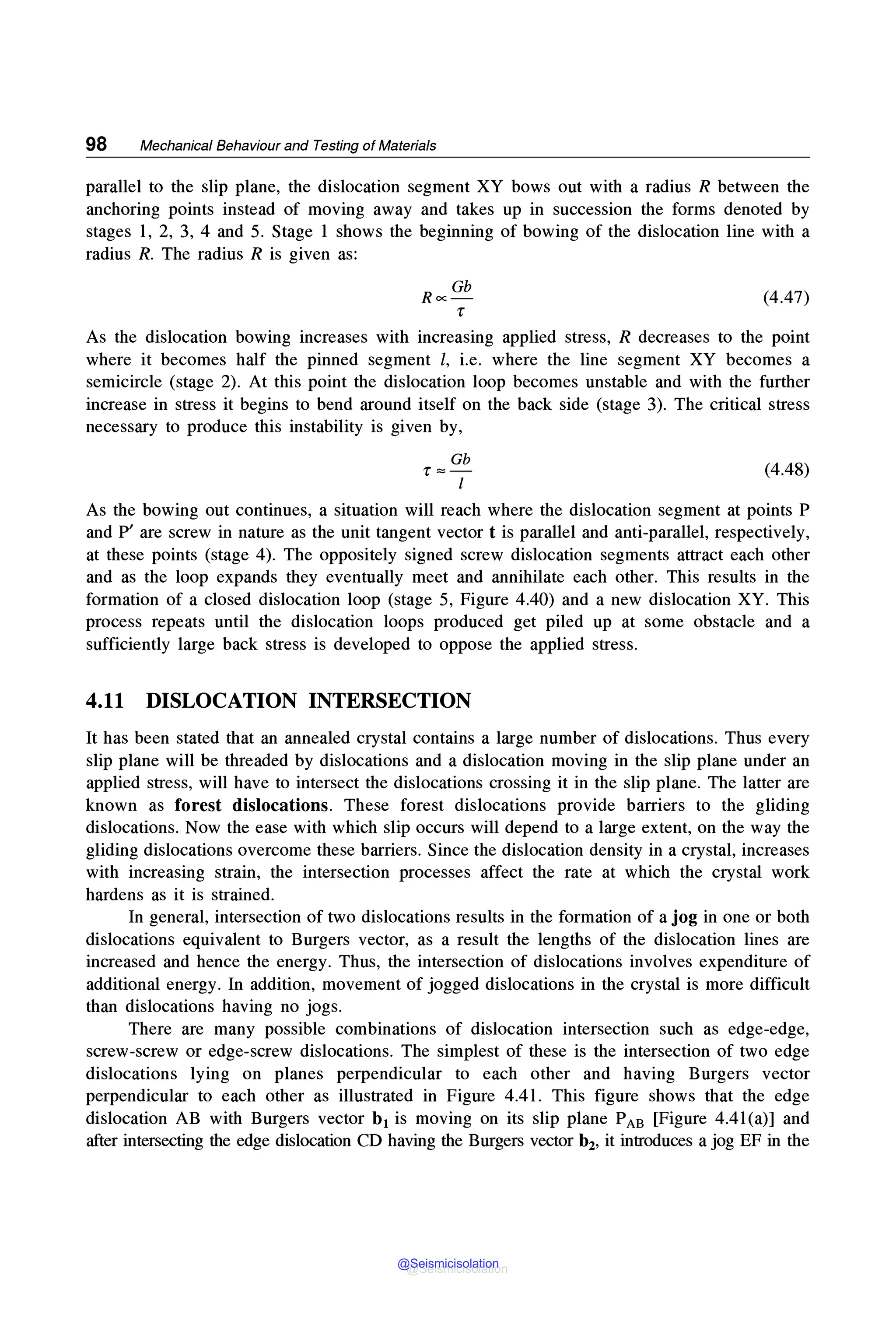 98 Mechanical Behaviour and Testing of Materials
parallel to the slip plane, the dislocation segment XY bows out with a radius R between the
anchoring points instead of moving away and takes up in succession the forms denoted by
stages 1, 2, 3, 4 and 5. Stage 1 shows the beginning of bowing of the dislocation line with a
radius R. The radius R is given as:
(4.47)
As the dislocation bowing increases with increasing applied stress, R decreases to the point
where it becomes half the pinned segment l, i.e. where the line segment XY becomes a
semicircle (stage 2). At this point the dislocation loop becomes unstable and with the further
increase in stress it begins to bend around itself on the back side (stage 3). The critical stress
necessary to produce this instability is given by,
Gb
'f==-
l
(4.48)
As the bowing out continues, a situation will reach where the dislocation segment at points P
and P' are screw in nature as the unit tangent vector tis parallel and anti-parallel, respectively,
at these points (stage 4). The oppositely signed screw dislocation segments attract each other
and as the loop expands they eventually meet and annihilate each other. This results in the
formation of a closed dislocation loop (stage 5, Figure 4.40) and a new dislocation XY. This
process repeats until the dislocation loops produced get piled up at some obstacle and a
sufficiently large back stress is developed to oppose the applied stress.
4.11 DISLOCATION INTERSECTION
It has been stated that an annealed crystal contains a large number of dislocations. Thus every
slip plane will be threaded by dislocations and a dislocation moving in the slip plane under an
applied stress, will have to intersect the dislocations crossing it in the slip plane. The latter are
known as forest dislocations. These forest dislocations provide barriers to the gliding
dislocations. Now the ease with which slip occurs will depend to a large extent, on the way the
gliding dislocations overcome these barriers. Since the dislocation density in a crystal, increases
with increasing strain, the intersection processes affect the rate at which the crystal work
hardens as it is strained.
In general, intersection of two dislocations results in the formation of a jog in one or both
dislocations equivalent to Burgers vector, as a result the lengths of the dislocation lines are
increased and hence the energy. Thus, the intersection of dislocations involves expenditure of
additional energy. In addition, movement of jogged dislocations in the crystal is more difficult
than dislocations having no jogs.
There are many possible combinations of dislocation intersection such as edge-edge,
screw-screw or edge-screw dislocations. The simplest of these is the intersection of two edge
dislocations lying on planes perpendicular to each other and having Burgers vector
perpendicular to each other as illustrated in Figure 4.41. This figure shows that the edge
dislocation AB with Burgers vector b1 is moving on its slip plane PAB [Figure 4.4l(a)] and
after intersecting the edge dislocation CD having the Burgers vector b2, it introduces a jog EF in the
@Seismicisolation
@Seismicisolation
 