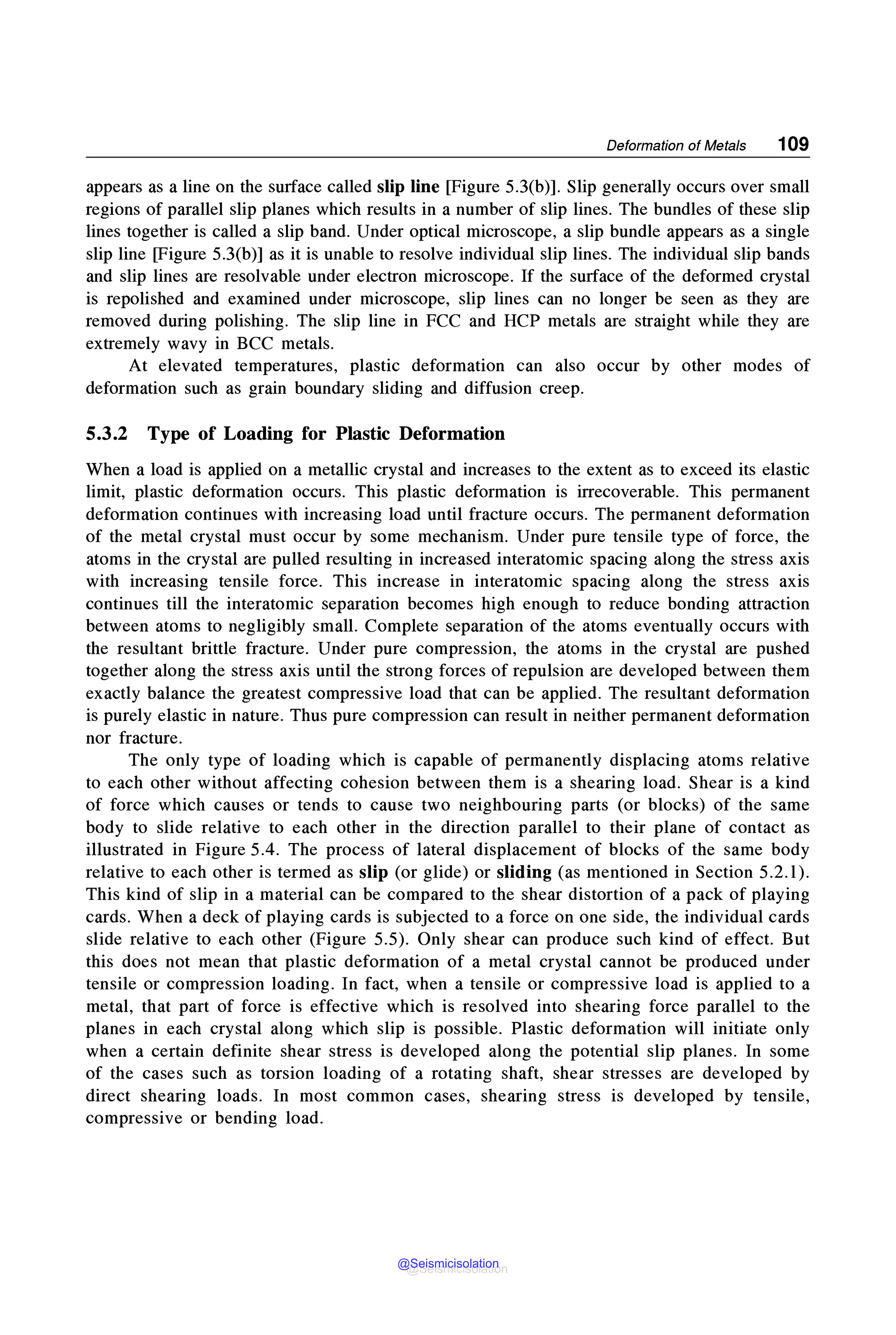 Deformation of Metals 109
appears as a line on the surface called slip line [Figure 5.3(b)]. Slip generally occurs over small
regions of parallel slip planes which results in a number of slip lines. The bundles of these slip
lines together is called a slip band. Under optical microscope, a slip bundle appears as a single
slip line [Figure 5.3(b)] as it is unable to resolve individual slip lines. The individual slip bands
and slip lines are resolvable under electron microscope. If the surface of the deformed crystal
is repolished and examined under microscope, slip lines can no longer be seen as they are
removed during polishing. The slip line in FCC and HCP metals are straight while they are
extremely wavy in BCC metals.
At elevated temperatures, plastic deformation can also occur by other modes of
deformation such as grain boundary sliding and diffusion creep.
5.3.2 Type of Loading for Plastic Deformation
When a load is applied on a metallic crystal and increases to the extent as to exceed its elastic
limit, plastic deformation occurs. This plastic deformation is irrecoverable. This permanent
deformation continues with increasing load until fracture occurs. The permanent deformation
of the metal crystal must occur by some mechanism. Under pure tensile type of force, the
atoms in the crystal are pulled resulting in increased interatomic spacing along the stress axis
with increasing tensile force. This increase in interatomic spacing along the stress axis
continues till the interatomic separation becomes high enough to reduce bonding attraction
between atoms to negligibly small. Complete separation of the atoms eventually occurs with
the resultant brittle fracture. Under pure compression, the atoms in the crystal are pushed
together along the stress axis until the strong forces of repulsion are developed between them
exactly balance the greatest compressive load that can be applied. The resultant deformation
is purely elastic in nature. Thus pure compression can result in neither permanent deformation
nor fracture.
The only type of loading which is capable of permanently displacing atoms relative
to each other without affecting cohesion between them is a shearing load. Shear is a kind
of force which causes or tends to cause two neighbouring parts (or blocks) of the same
body to slide relative to each other in the direction parallel to their plane of contact as
illustrated in Figure 5.4. The process of lateral displacement of blocks of the same body
relative to each other is termed as slip (or glide) or sliding (as mentioned in Section 5.2.1).
This kind of slip in a material can be compared to the shear distortion of a pack of playing
cards. When a deck of playing cards is subjected to a force on one side, the individual cards
slide relative to each other (Figure 5.5). Only shear can produce such kind of effect. But
this does not mean that plastic deformation of a metal crystal cannot be produced under
tensile or compression loading. In fact, when a tensile or compressive load is applied to a
metal, that part of force is effective which is resolved into shearing force parallel to the
planes in each crystal along which slip is possible. Plastic deformation will initiate only
when a certain definite shear stress is developed along the potential slip planes. In some
of the cases such as torsion loading of a rotating shaft, shear stresses are developed by
direct shearing loads. In most common cases, shearing stress is developed by tensile,
compressive or bending load.
@Seismicisolation
@Seismicisolation
 