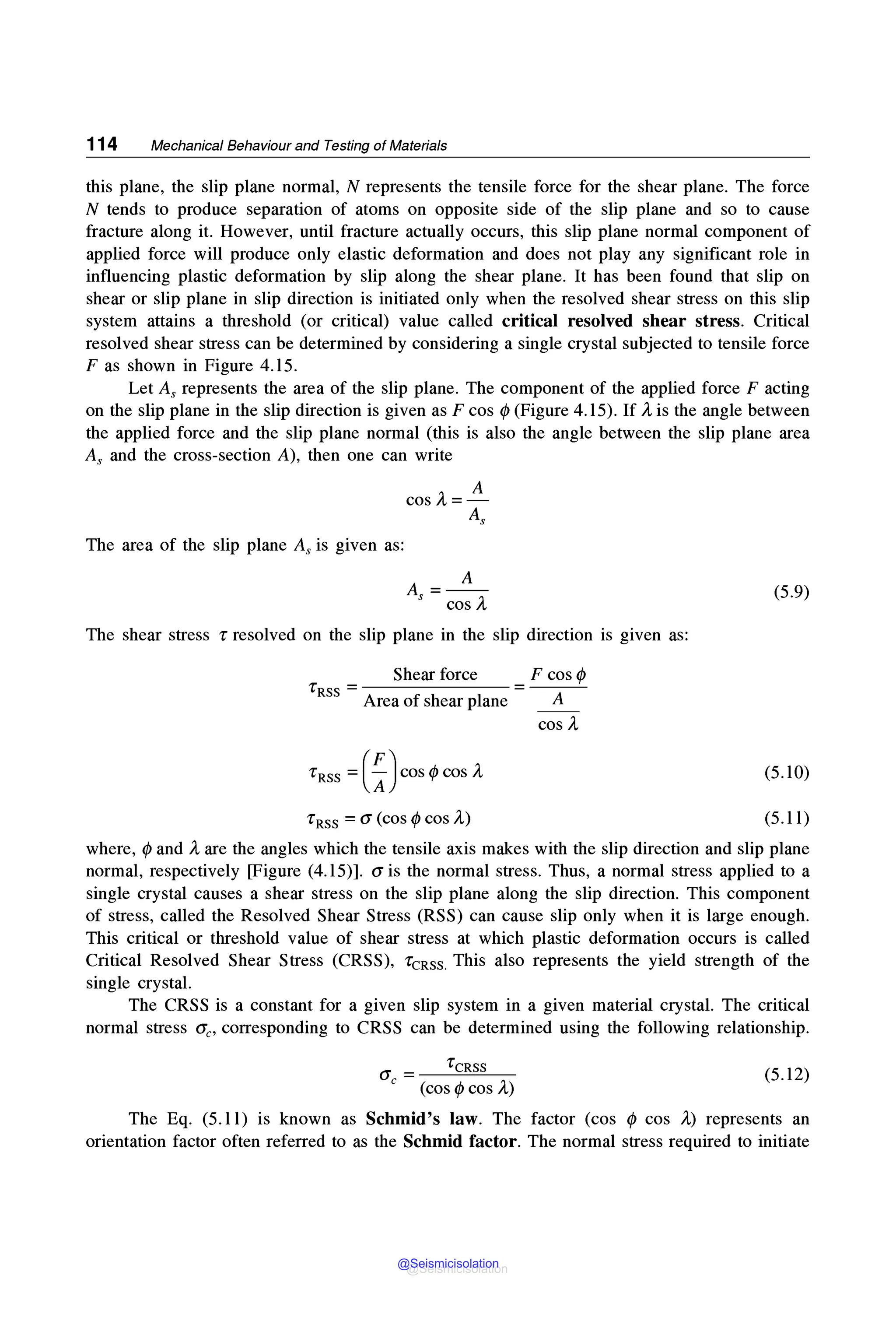 114 Mechanical Behaviour and Testing of Materials
this plane, the slip plane normal, N represents the tensile force for the shear plane. The force
N tends to produce separation of atoms on opposite side of the slip plane and so to cause
fracture along it. However, until fracture actually occurs, this slip plane normal component of
applied force will produce only elastic deformation and does not play any significant role in
influencing plastic deformation by slip along the shear plane. It has been found that slip on
shear or slip plane in slip direction is initiated only when the resolved shear stress on this slip
system attains a threshold (or critical) value called critical resolved shear stress. Critical
resolved shear stress can be determined by considering a single crystal subjected to tensile force
Fas shown in Figure 4.15.
Let As represents the area of the slip plane. The component of the applied force F acting
on the slip plane in the slip direction is given as F cos t/J (Figure 4.15). If )., is the angle between
the applied force and the slip plane normal (this is also the angle between the slip plane area
As and the cross-section A), then one can write
The area of the slip plane As is given as:
A
cos A,=-
A.
A =-A-
s cos A,
The shear stress r resolved on the slip plane in the slip direction is given as:
Shear force F cos t/J
'rRSS = =---'-
Area of shear plane A
cos A,
'rRSS =(:)COS tp COS A,
rRss =a (cos t/J cos A)
(5.9)
(5.10)
(5.11)
where, t/J and )., are the angles which the tensile axis makes with the slip direction and slip plane
normal, respectively [Figure (4.15)]. a is the normal stress. Thus, a normal stress applied to a
single crystal causes a shear stress on the slip plane along the slip direction. This component
of stress, called the Resolved Shear Stress (RSS) can cause slip only when it is large enough.
This critical or threshold value of shear stress at which plastic deformation occurs is called
Critical Resolved Shear Stress (CRSS), rcRss. This also represents the yield strength of the
single crystal.
The CRSS is a constant for a given slip system in a given material crystal. The critical
normal stress Ge, corresponding to CRSS can be determined using the following relationship.
(j = 'rcRSS (5.12)
c (cos t/J cos A)
The Eq. (5.11) is known as Schmid's law. The factor (cos t/J cos A) represents an
orientation factor often referred to as the Schmid factor. The normal stress required to initiate
@Seismicisolation
@Seismicisolation
 