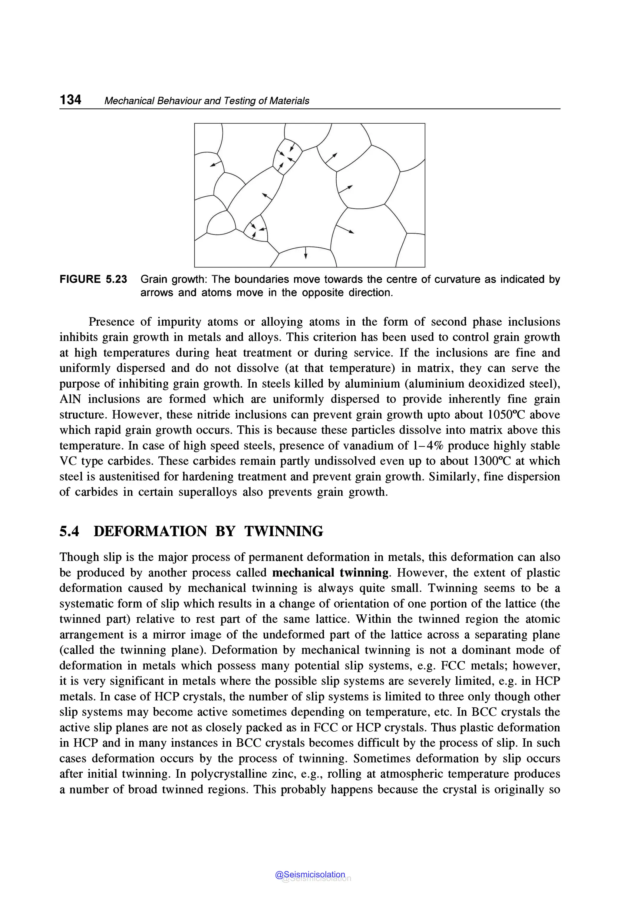 134 Mechanical Behaviour and Testing of Materials
FIGURE 5.23 Grain growth: The boundaries move towards the centre of curvature as indicated by
arrows and atoms move in the opposite direction.
Presence of impurity atoms or alloying atoms in the form of second phase inclusions
inhibits grain growth in metals and alloys. This criterion has been used to control grain growth
at high temperatures during heat treatment or during service. If the inclusions are fine and
uniformly dispersed and do not dissolve (at that temperature) in matrix, they can serve the
purpose of inhibiting grain growth. In steels killed by aluminium (aluminium deoxidized steel),
AlN inclusions are formed which are uniformly dispersed to provide inherently fine grain
structure. However, these nitride inclusions can prevent grain growth upto about l050°C above
which rapid grain growth occurs. This is because these particles dissolve into matrix above this
temperature. In case of high speed steels, presence of vanadium of l-4% produce highly stable
VC type carbides. These carbides remain partly undissolved even up to about l300°C at which
steel is austenitised for hardening treatment and prevent grain growth. Similarly, fine dispersion
of carbides in certain superalloys also prevents grain growth.
5.4 DEFORMATION BY TWINNING
Though slip is the major process of permanent deformation in metals, this deformation can also
be produced by another process called mechanical twinning. However, the extent of plastic
deformation caused by mechanical twinning is always quite small. Twinning seems to be a
systematic form of slip which results in a change of orientation of one portion of the lattice (the
twinned part) relative to rest part of the same lattice. Within the twinned region the atomic
arrangement is a mirror image of the undeformed part of the lattice across a separating plane
(called the twinning plane). Deformation by mechanical twinning is not a dominant mode of
deformation in metals which possess many potential slip systems, e.g. FCC metals; however,
it is very significant in metals where the possible slip systems are severely limited, e.g. in HCP
metals. In case of HCP crystals, the number of slip systems is limited to three only though other
slip systems may become active sometimes depending on temperature, etc. In BCC crystals the
active slip planes are not as closely packed as in FCC or HCP crystals. Thus plastic deformation
in HCP and in many instances in BCC crystals becomes difficult by the process of slip. In such
cases deformation occurs by the process of twinning. Sometimes deformation by slip occurs
after initial twinning. In polycrystalline zinc, e.g., rolling at atmospheric temperature produces
a number of broad twinned regions. This probably happens because the crystal is originally so
@Seismicisolation
@Seismicisolation
 