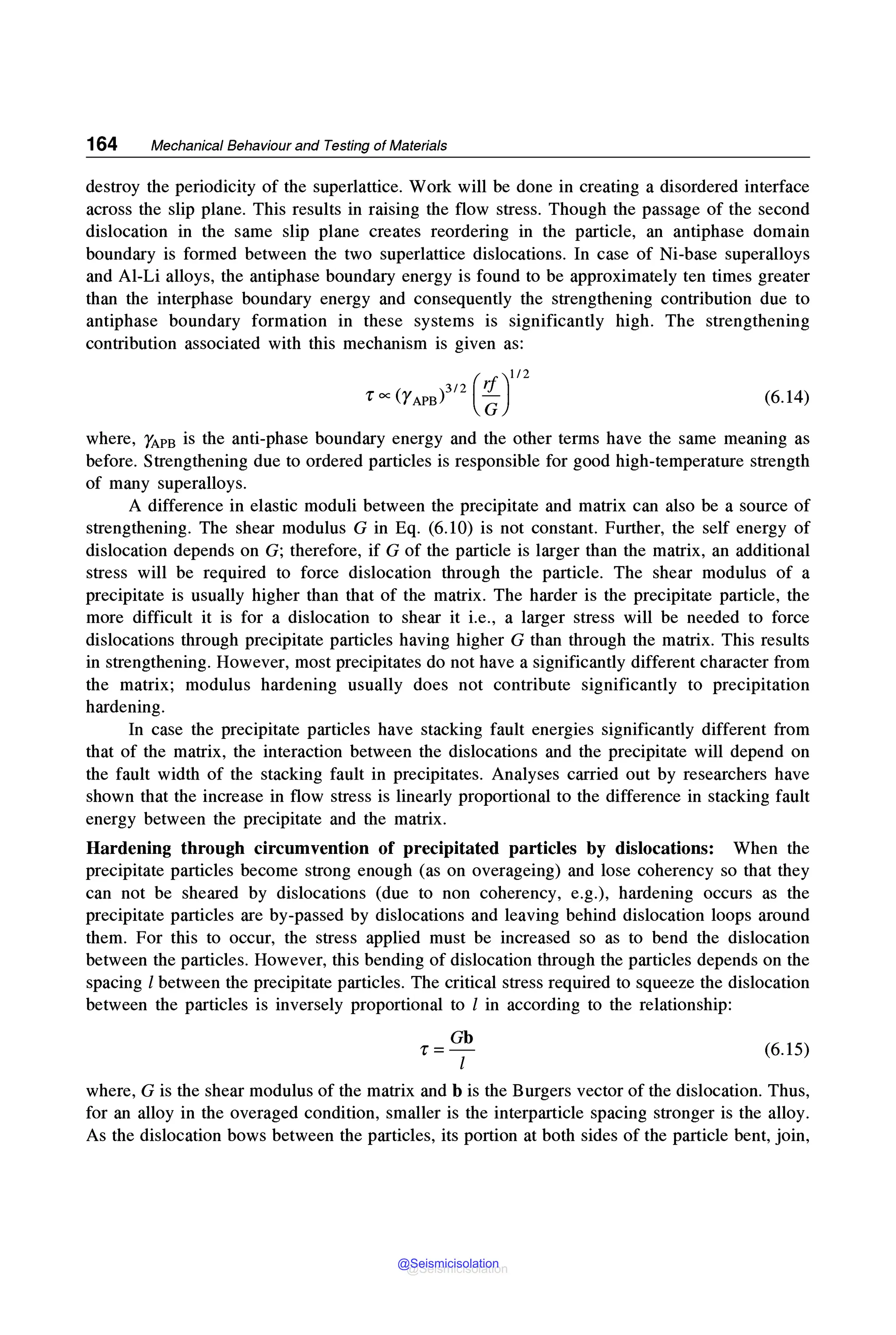 164 Mechanical Behaviour and Testing of Materials
destroy the periodicity of the superlattice. Work will be done in creating a disordered interface
across the slip plane. This results in raising the flow stress. Though the passage of the second
dislocation in the same slip plane creates reordering in the particle, an antiphase domain
boundary is formed between the two superlattice dislocations. In case of Ni-base superalloys
and Al-Li alloys, the antiphase boundary energy is found to be approximately ten times greater
than the interphase boundary energy and consequently the strengthening contribution due to
antiphase boundary formation in these systems is significantly high. The strengthening
contribution associated with this mechanism is given as:
'r oc (yAPB)3/2 ( 1}/2 (6.14)
where, YAPB is the anti-phase boundary energy and the other terms have the same meaning as
before. Strengthening due to ordered particles is responsible for good high-temperature strength
of many superalloys.
A difference in elastic moduli between the precipitate and matrix can also be a source of
strengthening. The shear modulus G in Eq. (6.10) is not constant. Further, the self energy of
dislocation depends on G; therefore, if G of the particle is larger than the matrix, an additional
stress will be required to force dislocation through the particle. The shear modulus of a
precipitate is usually higher than that of the matrix. The harder is the precipitate particle, the
more difficult it is for a dislocation to shear it i.e., a larger stress will be needed to force
dislocations through precipitate particles having higher G than through the matrix. This results
in strengthening. However, most precipitates do not have a significantly different character from
the matrix; modulus hardening usually does not contribute significantly to precipitation
hardening.
In case the precipitate particles have stacking fault energies significantly different from
that of the matrix, the interaction between the dislocations and the precipitate will depend on
the fault width of the stacking fault in precipitates. Analyses carried out by researchers have
shown that the increase in flow stress is linearly proportional to the difference in stacking fault
energy between the precipitate and the matrix.
Hardening through circumvention of precipitated particles by dislocations: When the
precipitate particles become strong enough (as on overageing) and lose coherency so that they
can not be sheared by dislocations (due to non coherency, e.g.), hardening occurs as the
precipitate particles are by-passed by dislocations and leaving behind dislocation loops around
them. For this to occur, the stress applied must be increased so as to bend the dislocation
between the particles. However, this bending of dislocation through the particles depends on the
spacing l between the precipitate particles. The critical stress required to squeeze the dislocation
between the particles is inversely proportional to l in according to the relationship:
Gb
r=-
l
(6.15)
where, G is the shear modulus of the matrix and b is the Burgers vector of the dislocation. Thus,
for an alloy in the averaged condition, smaller is the interparticle spacing stronger is the alloy.
As the dislocation bows between the particles, its portion at both sides of the particle bent, join,
@Seismicisolation
@Seismicisolation
 