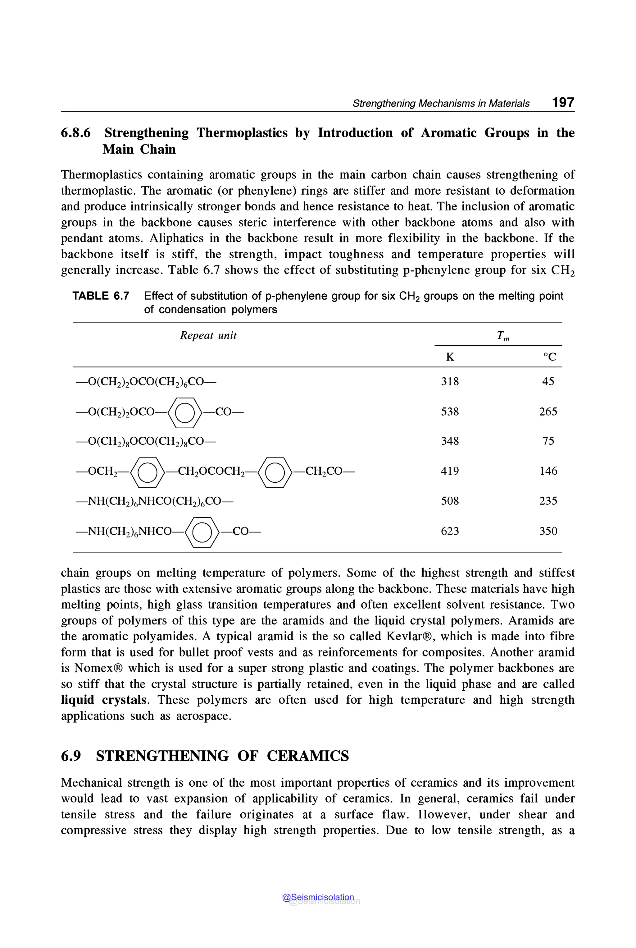 Strengthening Mechanisms in Materials 197
6.8.6 Strengthening Thermoplastics by Introduction of Aromatic Groups in the
Main Chain
Thermoplastics containing aromatic groups in the main carbon chain causes strengthening of
thermoplastic. The aromatic (or phenylene) rings are stiffer and more resistant to deformation
and produce intrinsically stronger bonds and hence resistance to heat. The inclusion of aromatic
groups in the backbone causes steric interference with other backbone atoms and also with
pendant atoms. Aliphatics in the backbone result in more flexibility in the backbone. If the
backbone itself is stiff, the strength, impact toughness and temperature properties will
generally increase. Table 6.7 shows the effect of substituting p-phenylene group for six CH2
TABLE 6.7 Effect of substitution of p-phenylene group for six CH2 groups on the melting point
of condensation polymers
Repeat unit Tm
K oc
-O(CH2)iOCO(CH2)6CO- 318 45
-O(CH2hOCO-(Q)-co- 538 265
-O(CH2)80CO(CH2)8CO- 348 75
-OCH2-(Q)-CH20COCH2-(Q)-CH2CO- 419 146
-NH(CH2)6
NHCO(CH2)6CO- 508 235
-NH(CH2)6NHCO-(Q)-co- 623 350
chain groups on melting temperature of polymers. Some of the highest strength and stiffest
plastics are those with extensive aromatic groups along the backbone. These materials have high
melting points, high glass transition temperatures and often excellent solvent resistance. Two
groups of polymers of this type are the aramids and the liquid crystal polymers. Aramids are
the aromatic polyamides. A typical aramid is the so called Kevlar®, which is made into fibre
form that is used for bullet proof vests and as reinforcements for composites. Another aramid
is Nomex® which is used for a super strong plastic and coatings. The polymer backbones are
so stiff that the crystal structure is partially retained, even in the liquid phase and are called
liquid crystals. These polymers are often used for high temperature and high strength
applications such as aerospace.
6.9 STRENGTHENING OF CERAMICS
Mechanical strength is one of the most important properties of ceramics and its improvement
would lead to vast expansion of applicability of ceramics. In general, ceramics fail under
tensile stress and the failure originates at a surface flaw. However, under shear and
compressive stress they display high strength properties. Due to low tensile strength, as a
@Seismicisolation
@Seismicisolation
 
