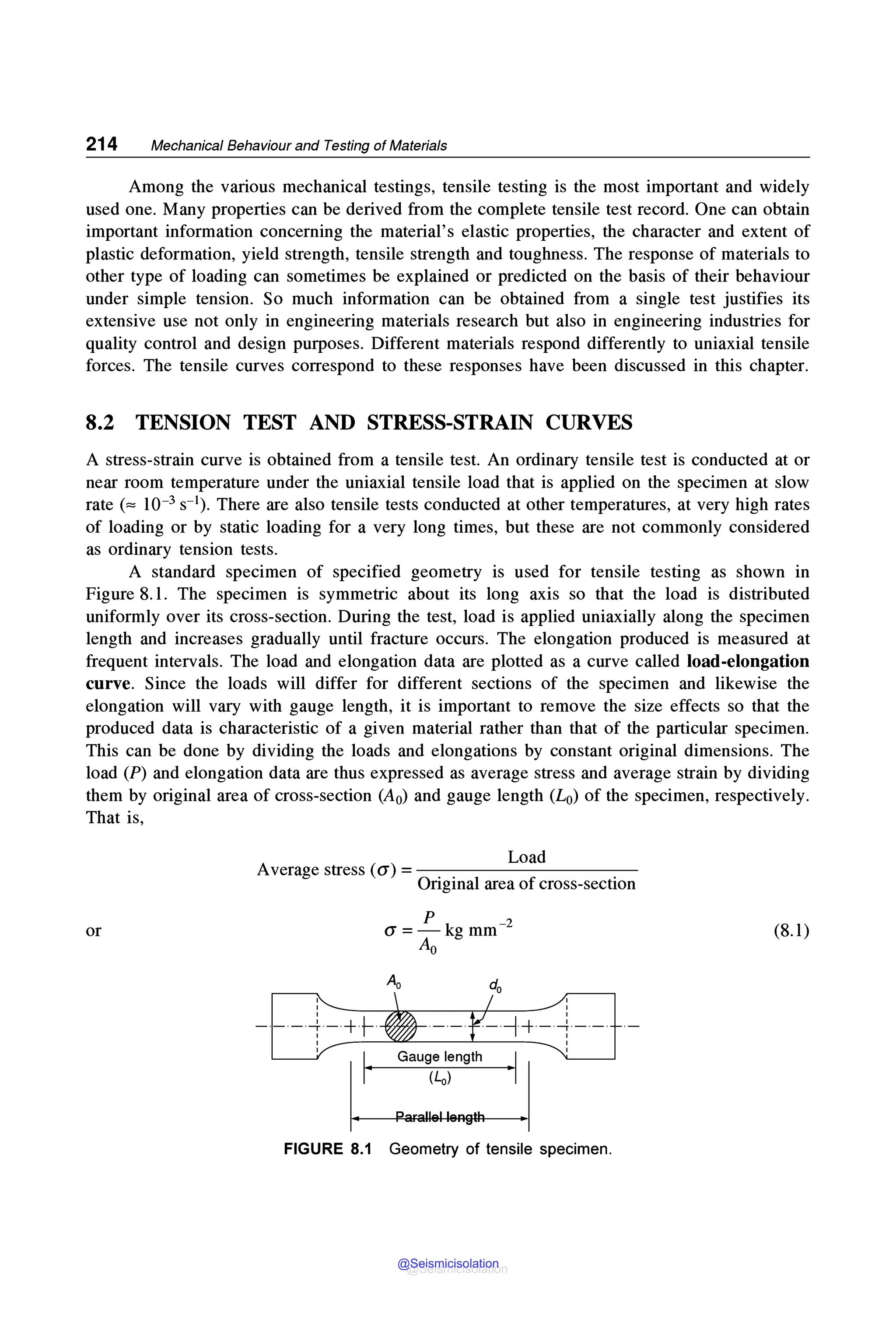 214 Mechanical Behaviour and Testing of Materials
Among the various mechanical testings, tensile testing is the most important and widely
used one. Many properties can be derived from the complete tensile test record. One can obtain
important information concerning the material's elastic properties, the character and extent of
plastic deformation, yield strength, tensile strength and toughness. The response of materials to
other type of loading can sometimes be explained or predicted on the basis of their behaviour
under simple tension. So much information can be obtained from a single test justifies its
extensive use not only in engineering materials research but also in engineering industries for
quality control and design purposes. Different materials respond differently to uniaxial tensile
forces. The tensile curves correspond to these responses have been discussed in this chapter.
8.2 TENSION TEST AND STRESS-STRAIN CURVES
A stress-strain curve is obtained from a tensile test. An ordinary tensile test is conducted at or
near room temperature under the uniaxial tensile load that is applied on the specimen at slow
rate ("" 10-3 s-1). There are also tensile tests conducted at other temperatures, at very high rates
of loading or by static loading for a very long times, but these are not commonly considered
as ordinary tension tests.
A standard specimen of specified geometry is used for tensile testing as shown in
Figure 8.1. The specimen is symmetric about its long axis so that the load is distributed
uniformly over its cross-section. During the test, load is applied uniaxially along the specimen
length and increases gradually until fracture occurs. The elongation produced is measured at
frequent intervals. The load and elongation data are plotted as a curve called load-elongation
curve. Since the loads will differ for different sections of the specimen and likewise the
elongation will vary with gauge length, it is important to remove the size effects so that the
produced data is characteristic of a given material rather than that of the particular specimen.
This can be done by dividing the loads and elongations by constant original dimensions. The
load (P) and elongation data are thus expressed as average stress and average strain by dividing
them by original area of cross-section (A0) and gauge length (L0) of the specimen, respectively.
That is,
or
Load
Average stress (CT) =-----------
Original area of cross-section
p
CT =-kg mm-2
Ao
I
I
·-·-++--~----·
Gauge length
i;!ar:allel leRgtl:1
FIGURE 8.1 Geometry of tensile specimen.
(8.1)
@Seismicisolation
@Seismicisolation
 