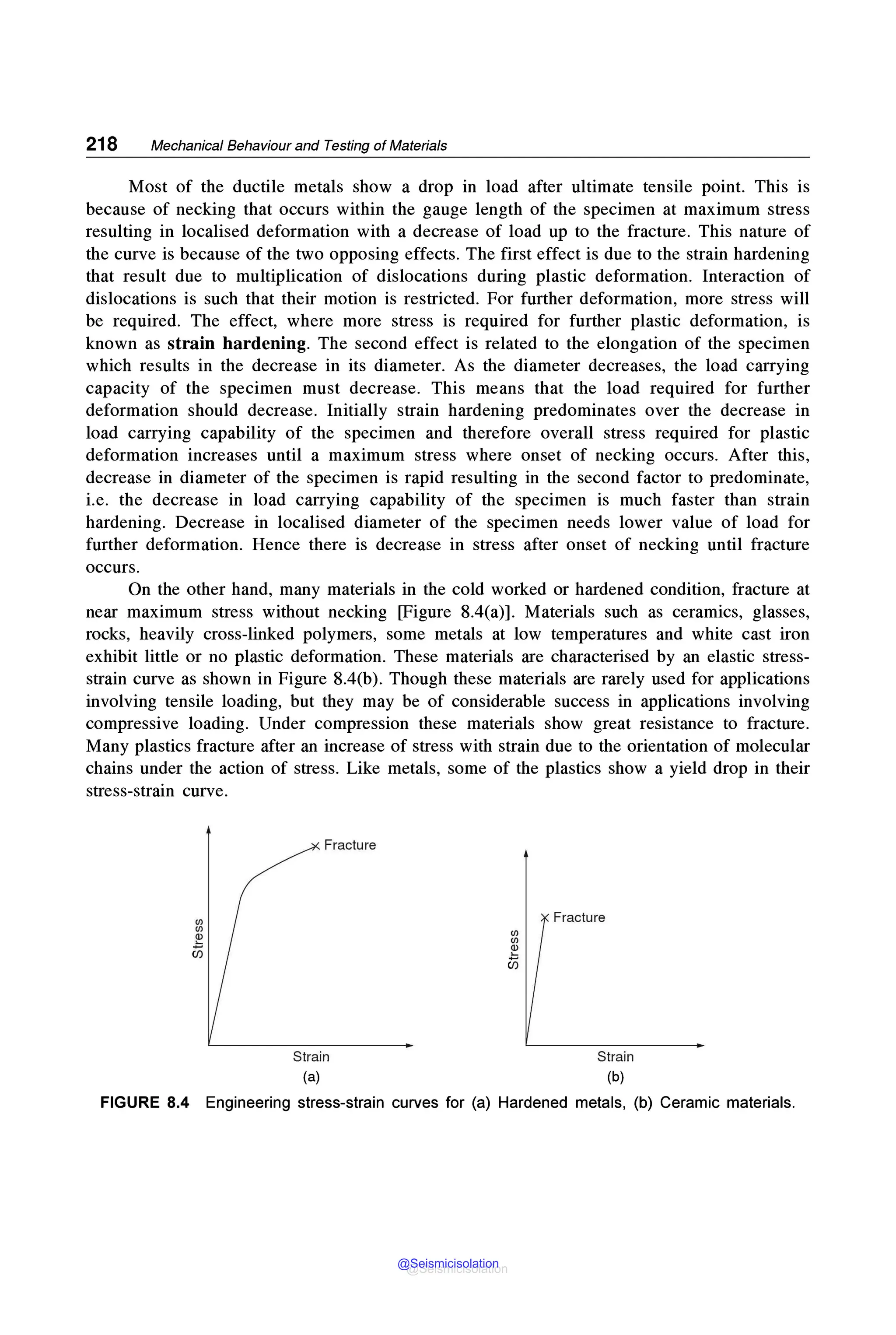 218 Mechanical Behaviour and Testing of Materials
Most of the ductile metals show a drop in load after ultimate tensile point. This is
because of necking that occurs within the gauge length of the specimen at maximum stress
resulting in localised deformation with a decrease of load up to the fracture. This nature of
the curve is because of the two opposing effects. The first effect is due to the strain hardening
that result due to multiplication of dislocations during plastic deformation. Interaction of
dislocations is such that their motion is restricted. For further deformation, more stress will
be required. The effect, where more stress is required for further plastic deformation, is
known as strain hardening. The second effect is related to the elongation of the specimen
which results in the decrease in its diameter. As the diameter decreases, the load carrying
capacity of the specimen must decrease. This means that the load required for further
deformation should decrease. Initially strain hardening predominates over the decrease in
load carrying capability of the specimen and therefore overall stress required for plastic
deformation increases until a maximum stress where onset of necking occurs. After this,
decrease in diameter of the specimen is rapid resulting in the second factor to predominate,
i.e. the decrease in load carrying capability of the specimen is much faster than strain
hardening. Decrease in localised diameter of the specimen needs lower value of load for
further deformation. Hence there is decrease in stress after onset of necking until fracture
occurs.
On the other hand, many materials in the cold worked or hardened condition, fracture at
near maximum stress without necking [Figure 8.4(a)]. Materials such as ceramics, glasses,
rocks, heavily cross-linked polymers, some metals at low temperatures and white cast iron
exhibit little or no plastic deformation. These materials are characterised by an elastic stress-
strain curve as shown in Figure 8.4(b). Though these materials are rarely used for applications
involving tensile loading, but they may be of considerable success in applications involving
compressive loading. Under compression these materials show great resistance to fracture.
Many plastics fracture after an increase of stress with strain due to the orientation of molecular
chains under the action of stress. Like metals, some of the plastics show a yield drop in their
stress-strain curve.
Fracture
Strain
(a)
(/)
(/)
~
U)
Fracture
Strain
(b)
FIGURE 8.4 Engineering stress-strain curves for (a) Hardened metals, (b) Ceramic materials.
@Seismicisolation
@Seismicisolation
 