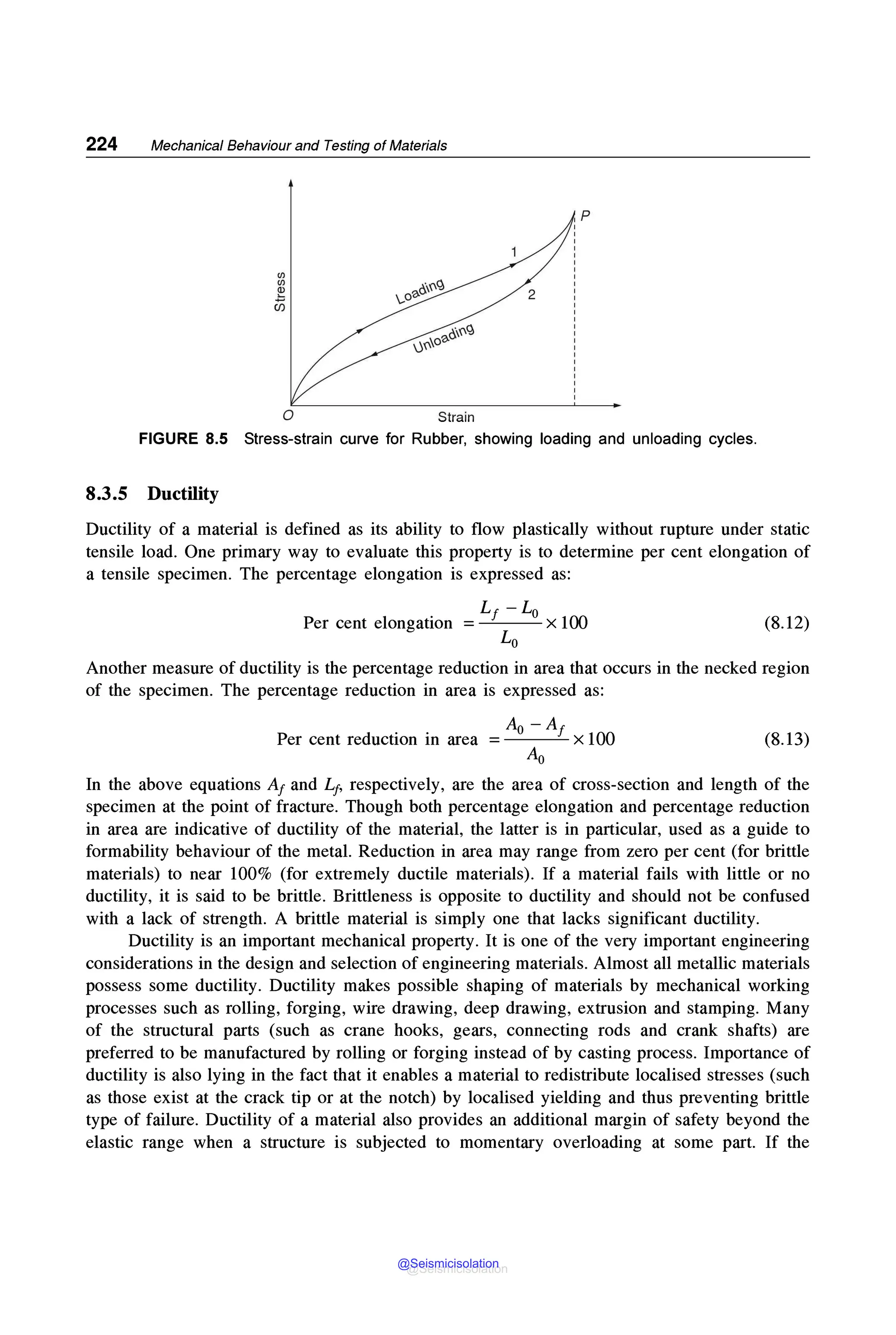 224 Mechanical Behaviour and Testing of Materials
p
Strain
FIGURE 8.5 Stress-strain curve for Rubber, showing loading and unloading cycles.
8.3.5 Ductility
Ductility of a material is defined as its ability to flow plastically without rupture under static
tensile load. One primary way to evaluate this property is to determine per cent elongation of
a tensile specimen. The percentage elongation is expressed as:
Lf -Lo
Per cent elongation =---x 100
Lo
(8.12)
Another measure of ductility is the percentage reduction in area that occurs in the necked region
of the specimen. The percentage reduction in area is expressed as:
Ao -Af
Per cent reduction in area =--~ x 100
Ao
(8.13)
In the above equations A1 and L1, respectively, are the area of cross-section and length of the
specimen at the point of fracture. Though both percentage elongation and percentage reduction
in area are indicative of ductility of the material, the latter is in particular, used as a guide to
formability behaviour of the metal. Reduction in area may range from zero per cent (for brittle
materials) to near 100% (for extremely ductile materials). If a material fails with little or no
ductility, it is said to be brittle. Brittleness is opposite to ductility and should not be confused
with a lack of strength. A brittle material is simply one that lacks significant ductility.
Ductility is an important mechanical property. It is one of the very important engineering
considerations in the design and selection of engineering materials. Almost all metallic materials
possess some ductility. Ductility makes possible shaping of materials by mechanical working
processes such as rolling, forging, wire drawing, deep drawing, extrusion and stamping. Many
of the structural parts (such as crane hooks, gears, connecting rods and crank shafts) are
preferred to be manufactured by rolling or forging instead of by casting process. Importance of
ductility is also lying in the fact that it enables a material to redistribute localised stresses (such
as those exist at the crack tip or at the notch) by localised yielding and thus preventing brittle
type of failure. Ductility of a material also provides an additional margin of safety beyond the
elastic range when a structure is subjected to momentary overloading at some part. If the
@Seismicisolation
@Seismicisolation
 