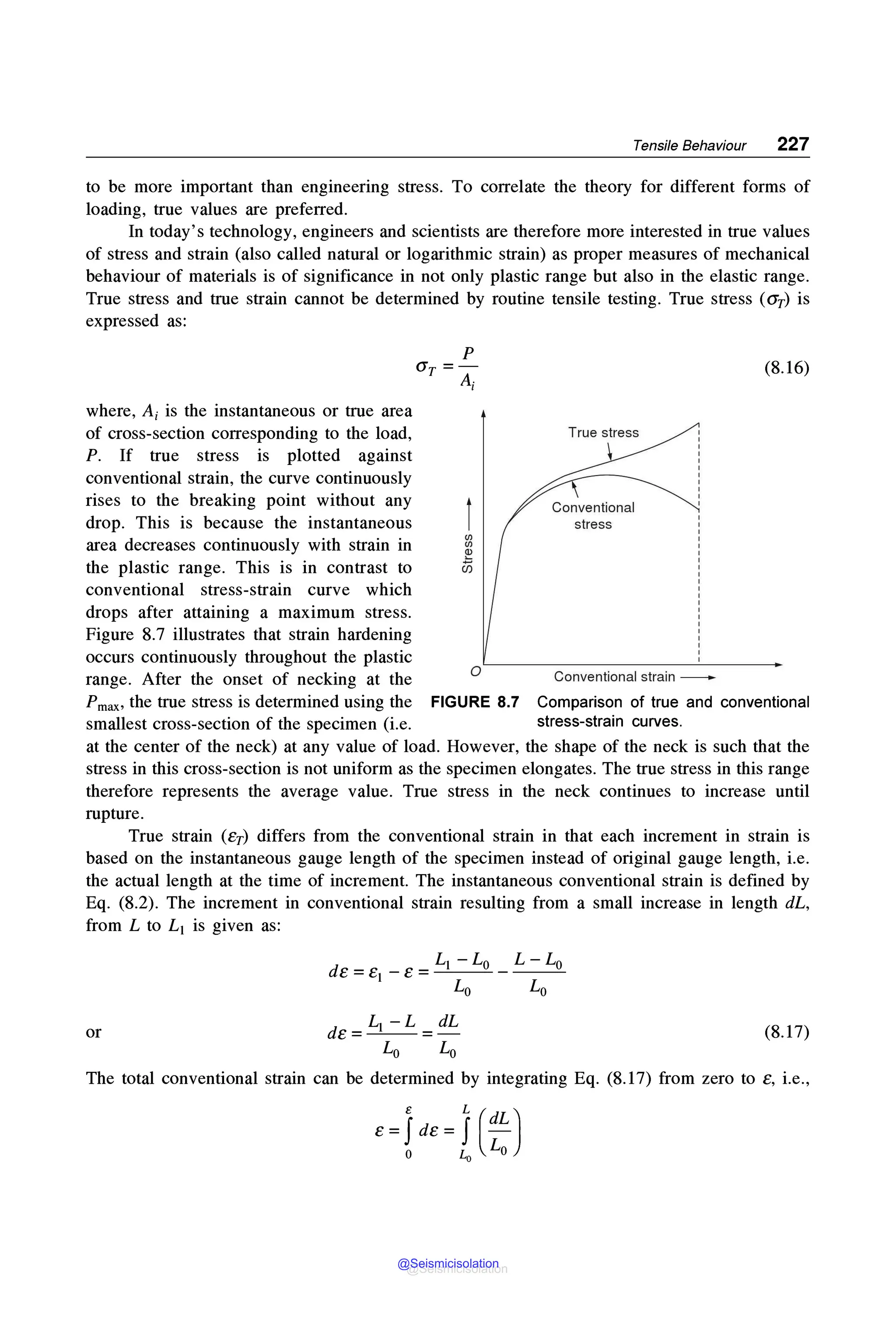 Tensile Behaviour 227
to be more important than engineering stress. To correlate the theory for different forms of
loading, true values are preferred.
In today's technology, engineers and scientists are therefore more interested in true values
of stress and strain (also called natural or logarithmic strain) as proper measures of mechanical
behaviour of materials is of significance in not only plastic range but also in the elastic range.
True stress and true strain cannot be determined by routine tensile testing. True stress (aT) is
expressed as:
stress
where, A; is the instantaneous or true area
of cross-section corresponding to the load,
P. If true stress is plotted against
conventional strain, the curve continuously
rises to the breaking point without any
drop. This is because the instantaneous
area decreases continuously with strain in
the plastic range. This is in contrast to
conventional stress-strain curve which
drops after attaining a maximum stress.
Figure 8.7 illustrates that strain hardening
occurs continuously throughout the plastic
range. After the onset of necking at the o Conventional strain ____.
(8.16)
Pmax, the true stress is determined using the FIGURE 8.7 Comparison of true and conventional
smallest cross-section of the specimen (i.e. stress-strain curves.
at the center of the neck) at any value of load. However, the shape of the neck is such that the
stress in this cross-section is not uniform as the specimen elongates. The true stress in this range
therefore represents the average value. True stress in the neck continues to increase until
rupture.
True strain (eT) differs from the conventional strain in that each increment in strain is
based on the instantaneous gauge length of the specimen instead of original gauge length, i.e.
the actual length at the time of increment. The instantaneous conventional strain is defined by
Eq. (8.2). The increment in conventional strain resulting from a small increase in length dL,
from L to Li is given as:
Li -L0 L-L0
de = ei - e = - - - -
Lo Lo
or de = Li - L = dL (8.17)
Lo Lo
The total conventional strain can be determined by integrating Eq. (8.17) from zero to e, i.e.,
e L (dL)
e =Jde= J -
o Lo Lo
@Seismicisolation
@Seismicisolation
 