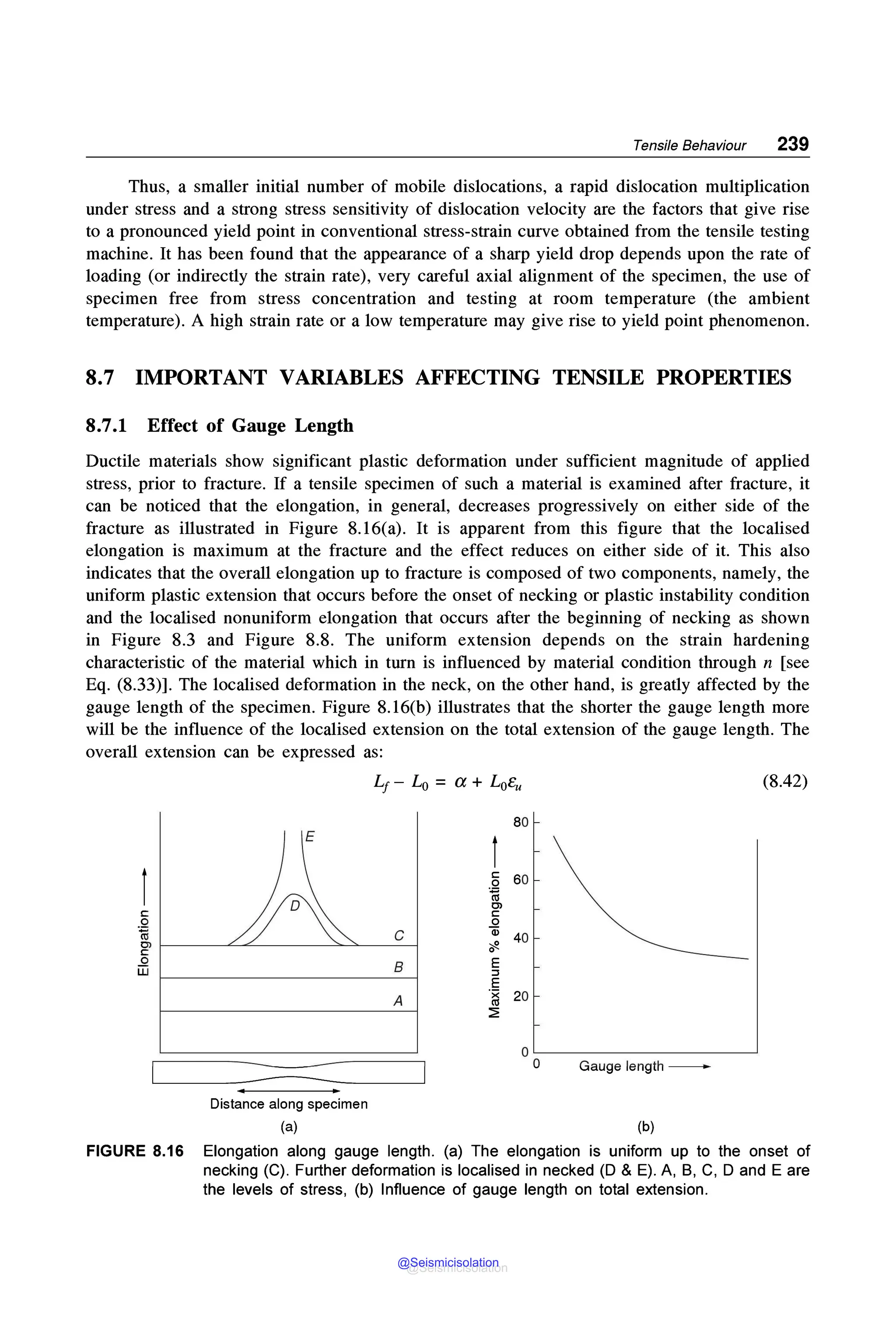 Tensile Behaviour 239
Thus, a smaller initial number of mobile dislocations, a rapid dislocation multiplication
under stress and a strong stress sensitivity of dislocation velocity are the factors that give rise
to a pronounced yield point in conventional stress-strain curve obtained from the tensile testing
machine. It has been found that the appearance of a sharp yield drop depends upon the rate of
loading (or indirectly the strain rate), very careful axial alignment of the specimen, the use of
specimen free from stress concentration and testing at room temperature (the ambient
temperature). A high strain rate or a low temperature may give rise to yield point phenomenon.
8.7 IMPORTANT VARIABLES AFFECTING TENSILE PROPERTIES
8.7.1 Effect of Gauge Length
Ductile materials show significant plastic deformation under sufficient magnitude of applied
stress, prior to fracture. If a tensile specimen of such a material is examined after fracture, it
can be noticed that the elongation, in general, decreases progressively on either side of the
fracture as illustrated in Figure 8. l6(a). It is apparent from this figure that the localised
elongation is maximum at the fracture and the effect reduces on either side of it. This also
indicates that the overall elongation up to fracture is composed of two components, namely, the
uniform plastic extension that occurs before the onset of necking or plastic instability condition
and the localised nonuniform elongation that occurs after the beginning of necking as shown
in Figure 8.3 and Figure 8.8. The uniform extension depends on the strain hardening
characteristic of the material which in turn is influenced by material condition through n [see
Eq. (8.33)]. The localised deformation in the neck, on the other hand, is greatly affected by the
gauge length of the specimen. Figure 8. l6(b) illustrates that the shorter the gauge length more
will be the influence of the localised extension on the total extension of the gauge length. The
overall extension can be expressed as:
Distance along specimen
(a)
C
B
A
C:
.Q
-;
Cl
C:
0
di
~
E
::s
E
·x
ro
~
(8.42)
80
60
40
20
0
0 Gauge length ------
(b)
FIGURE 8.16 Elongation along gauge length. (a) The elongation is uniform up to the onset of
necking (C). Further deformation is localised in necked (D & E). A, B, C, D and E are
the levels of stress, (b) Influence of gauge length on total extension.
@Seismicisolation
@Seismicisolation
 