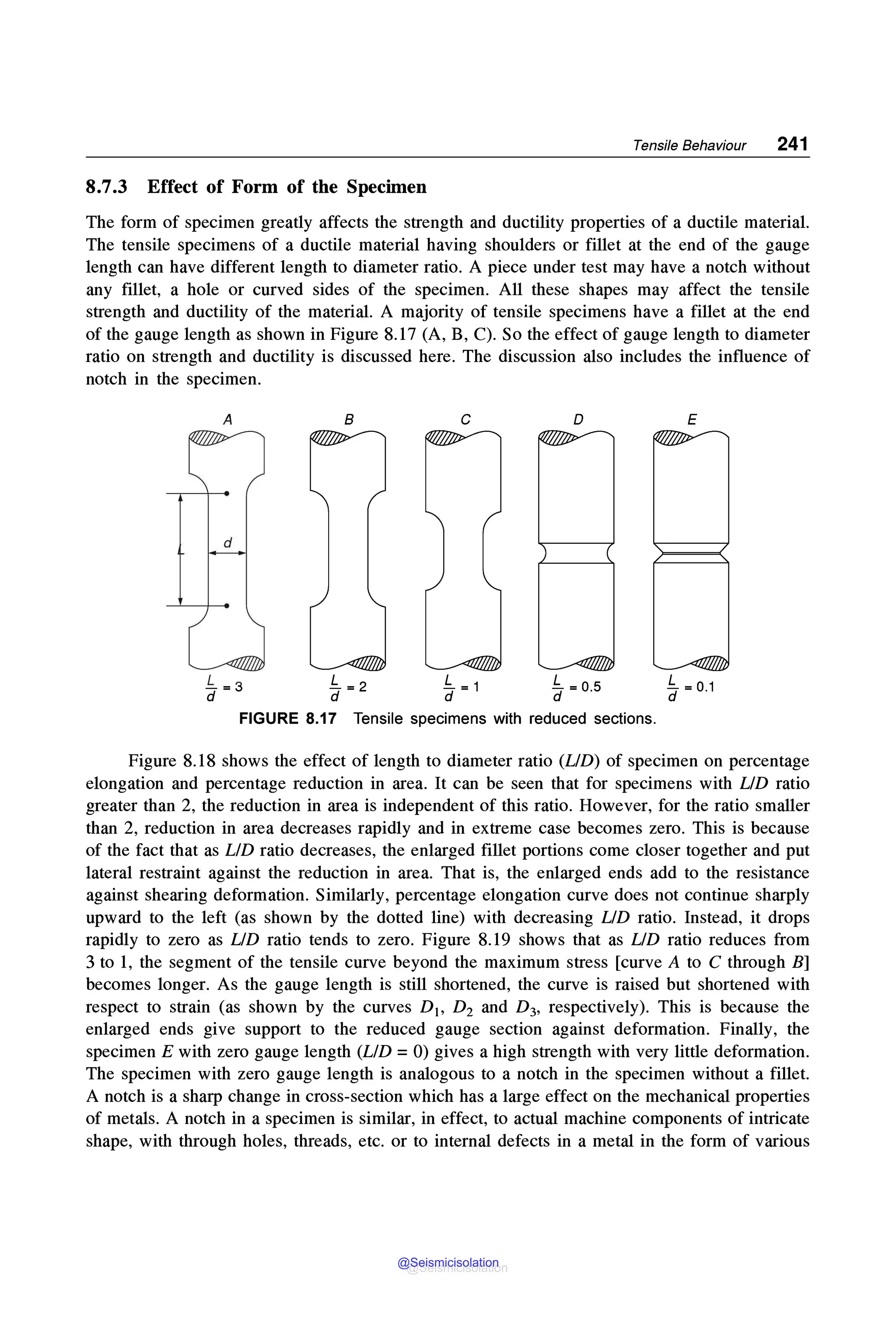 Tensile Behaviour 241
8.7.3 Effect of Form of the Specimen
The form of specimen greatly affects the strength and ductility properties of a ductile material.
The tensile specimens of a ductile material having shoulders or fillet at the end of the gauge
length can have different length to diameter ratio. A piece under test may have a notch without
any fillet, a hole or curved sides of the specimen. All these shapes may affect the tensile
strength and ductility of the material. A majority of tensile specimens have a fillet at the end
of the gauge length as shown in Figure 8.17 (A, B, C). So the effect of gauge length to diameter
ratio on strength and ductility is discussed here. The discussion also includes the influence of
notch in the specimen.
A B C D E
d
L
cf =0.5
L
cf =0.1
FIGURE 8.17 Tensile specimens with reduced sections.
Figure 8.18 shows the effect of length to diameter ratio (LID) of specimen on percentage
elongation and percentage reduction in area. It can be seen that for specimens with LID ratio
greater than 2, the reduction in area is independent of this ratio. However, for the ratio smaller
than 2, reduction in area decreases rapidly and in extreme case becomes zero. This is because
of the fact that as LID ratio decreases, the enlarged fillet portions come closer together and put
lateral restraint against the reduction in area. That is, the enlarged ends add to the resistance
against shearing deformation. Similarly, percentage elongation curve does not continue sharply
upward to the left (as shown by the dotted line) with decreasing LID ratio. Instead, it drops
rapidly to zero as LID ratio tends to zero. Figure 8.19 shows that as LID ratio reduces from
3 to 1, the segment of the tensile curve beyond the maximum stress [curve A to C through B]
becomes longer. As the gauge length is still shortened, the curve is raised but shortened with
respect to strain (as shown by the curves D1, D2 and D 3, respectively). This is because the
enlarged ends give support to the reduced gauge section against deformation. Finally, the
specimen E with zero gauge length (LID = 0) gives a high strength with very little deformation.
The specimen with zero gauge length is analogous to a notch in the specimen without a fillet.
A notch is a sharp change in cross-section which has a large effect on the mechanical properties
of metals. A notch in a specimen is similar, in effect, to actual machine components of intricate
shape, with through holes, threads, etc. or to internal defects in a metal in the form of various
@Seismicisolation
@Seismicisolation
 
