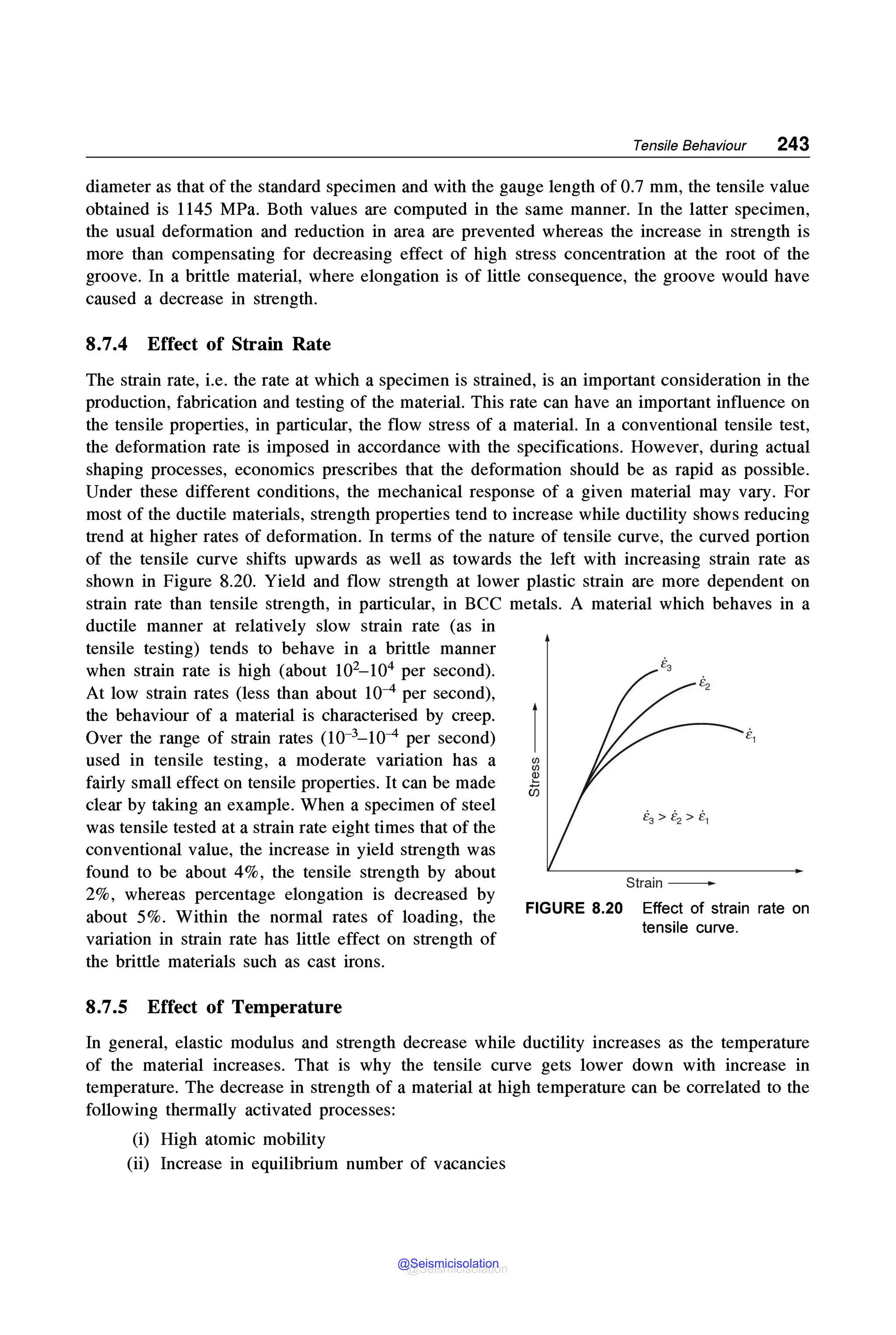 Tensile Behaviour 243
diameter as that of the standard specimen and with the gauge length of 0.7 mm, the tensile value
obtained is 1145 MPa. Both values are computed in the same manner. In the latter specimen,
the usual deformation and reduction in area are prevented whereas the increase in strength is
more than compensating for decreasing effect of high stress concentration at the root of the
groove. In a brittle material, where elongation is of little consequence, the groove would have
caused a decrease in strength.
8.7.4 Effect of Strain Rate
The strain rate, i.e. the rate at which a specimen is strained, is an important consideration in the
production, fabrication and testing of the material. This rate can have an important influence on
the tensile properties, in particular, the flow stress of a material. In a conventional tensile test,
the deformation rate is imposed in accordance with the specifications. However, during actual
shaping processes, economics prescribes that the deformation should be as rapid as possible.
Under these different conditions, the mechanical response of a given material may vary. For
most of the ductile materials, strength properties tend to increase while ductility shows reducing
trend at higher rates of deformation. In terms of the nature of tensile curve, the curved portion
of the tensile curve shifts upwards as well as towards the left with increasing strain rate as
shown in Figure 8.20. Yield and flow strength at lower plastic strain are more dependent on
strain rate than tensile strength, in particular, in BCC metals. A material which behaves in a
ductile manner at relatively slow strain rate (as in
tensile testing) tends to behave in a brittle manner
when strain rate is high (about 102-104 per second).
At low strain rates (less than about 10-4 per second),
the behaviour of a material is characterised by creep.
Over the range of strain rates (l0-3-10-4 per second)
used in tensile testing, a moderate variation has a
fairly small effect on tensile properties. It can be made
clear by taking an example. When a specimen of steel
was tensile tested at a strain rate eight times that of the
conventional value, the increase in yield strength was
found to be about 4%, the tensile strength by about
2%, whereas percentage elongation is decreased by
about 5%. Within the normal rates of loading, the
variation in strain rate has little effect on strength of
the brittle materials such as cast irons.
8.7.5 Effect of Temperature
(/)
(/)
~
U)
FIGURE 8.20
Strain_____.
Effect of strain rate on
tensile curve.
In general, elastic modulus and strength decrease while ductility increases as the temperature
of the material increases. That is why the tensile curve gets lower down with increase in
temperature. The decrease in strength of a material at high temperature can be correlated to the
following thermally activated processes:
(i) High atomic mobility
(ii) Increase in equilibrium number of vacancies
@Seismicisolation
@Seismicisolation
 
