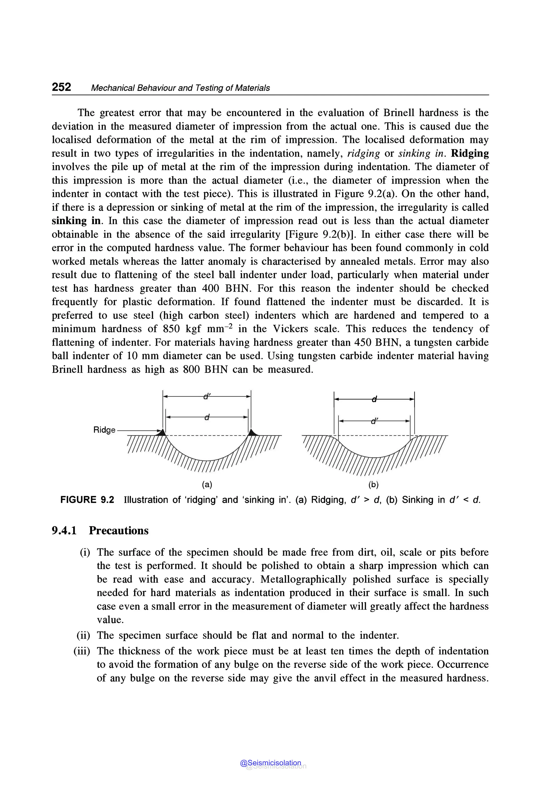 252 Mechanical Behaviour and Testing of Materials
The greatest error that may be encountered in the evaluation of Brinell hardness is the
deviation in the measured diameter of impression from the actual one. This is caused due the
localised deformation of the metal at the rim of impression. The localised deformation may
result in two types of irregularities in the indentation, namely, ridging or sinking in. Ridging
involves the pile up of metal at the rim of the impression during indentation. The diameter of
this impression is more than the actual diameter (i.e., the diameter of impression when the
indenter in contact with the test piece). This is illustrated in Figure 9.2(a). On the other hand,
if there is a depression or sinking of metal at the rim of the impression, the irregularity is called
sinking in. In this case the diameter of impression read out is less than the actual diameter
obtainable in the absence of the said irregularity [Figure 9.2(b)]. In either case there will be
error in the computed hardness value. The former behaviour has been found commonly in cold
worked metals whereas the latter anomaly is characterised by annealed metals. Error may also
result due to flattening of the steel ball indenter under load, particularly when material under
test has hardness greater than 400 BHN. For this reason the indenter should be checked
frequently for plastic deformation. If found flattened the indenter must be discarded. It is
preferred to use steel (high carbon steel) indenters which are hardened and tempered to a
minimum hardness of 850 kgf mm-2 in the Vickers scale. This reduces the tendency of
flattening of indenter. For materials having hardness greater than 450 BHN, a tungsten carbide
ball indenter of 10 mm diameter can be used. Using tungsten carbide indenter material having
Brinell hardness as high as 800 BHN can be measured.
~
,T?""TTT'f'-C- - - -- - ------------,,
--rr,777,
(a) (b)
FIGURE 9.2 Illustration of 'ridging' and 'sinking in'. (a) Ridging, d' > d, (b) Sinking in d' < d.
9.4.1 Precautions
(i) The surface of the specimen should be made free from dirt, oil, scale or pits before
the test is performed. It should be polished to obtain a sharp impression which can
be read with ease and accuracy. Metallographically polished surface is specially
needed for hard materials as indentation produced in their surface is small. In such
case even a small error in the measurement of diameter will greatly affect the hardness
value.
(ii) The specimen surface should be flat and normal to the indenter.
(iii) The thickness of the work piece must be at least ten times the depth of indentation
to avoid the formation of any bulge on the reverse side of the work piece. Occurrence
of any bulge on the reverse side may give the anvil effect in the measured hardness.
@Seismicisolation
@Seismicisolation
 