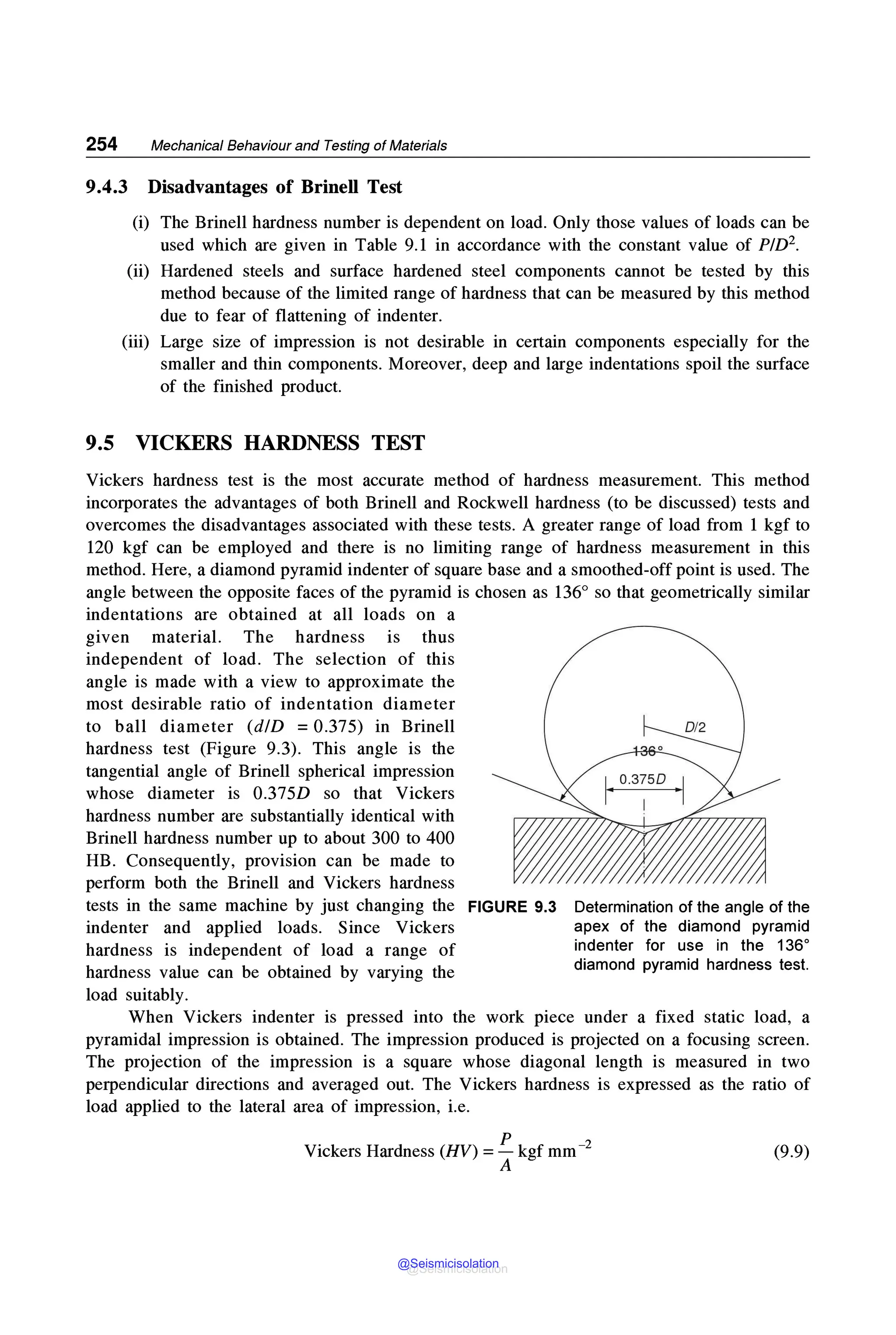 254 Mechanical Behaviour and Testing of Materials
9.4.3 Disadvantages of Brinell Test
(i) The Brinell hardness number is dependent on load. Only those values of loads can be
used which are given in Table 9.1 in accordance with the constant value of PID2.
(ii) Hardened steels and surface hardened steel components cannot be tested by this
method because of the limited range of hardness that can be measured by this method
due to fear of flattening of indenter.
(iii) Large size of impression is not desirable in certain components especially for the
smaller and thin components. Moreover, deep and large indentations spoil the surface
of the finished product.
9.5 VICKERS HARDNESS TEST
Vickers hardness test is the most accurate method of hardness measurement. This method
incorporates the advantages of both Brinell and Rockwell hardness (to be discussed) tests and
overcomes the disadvantages associated with these tests. A greater range of load from 1 kgf to
120 kgf can be employed and there is no limiting range of hardness measurement in this
method. Here, a diamond pyramid indenter of square base and a smoothed-off point is used. The
angle between the opposite faces of the pyramid is chosen as 136° so that geometrically similar
indentations are obtained at all loads on a
given material. The hardness is thus
independent of load. The selection of this
angle is made with a view to approximate the
most desirable ratio of indentation diameter
to ball diameter (d/D = 0.375) in Brinell
hardness test (Figure 9.3). This angle is the
tangential angle of Brinell spherical impression
whose diameter is 0.375D so that Vickers
hardness number are substantially identical with
Brinell hardness number up to about 300 to 400
HB. Consequently, provision can be made to
perform both the Brinell and Vickers hardness
tests in the same machine by just changing the
indenter and applied loads. Since Vickers
hardness is independent of load a range of
hardness value can be obtained by varying the
load suitably.
FIGURE 9.3 Determination of the angle of the
apex of the diamond pyramid
indenter for use in the 136°
diamond pyramid hardness test.
When Vickers indenter is pressed into the work piece under a fixed static load, a
pyramidal impression is obtained. The impression produced is projected on a focusing screen.
The projection of the impression is a square whose diagonal length is measured in two
perpendicular directions and averaged out. The Vickers hardness is expressed as the ratio of
load applied to the lateral area of impression, i.e.
Vickers Hardness (HV) =p kgf mm-2
A
(9.9)
@Seismicisolation
@Seismicisolation
 