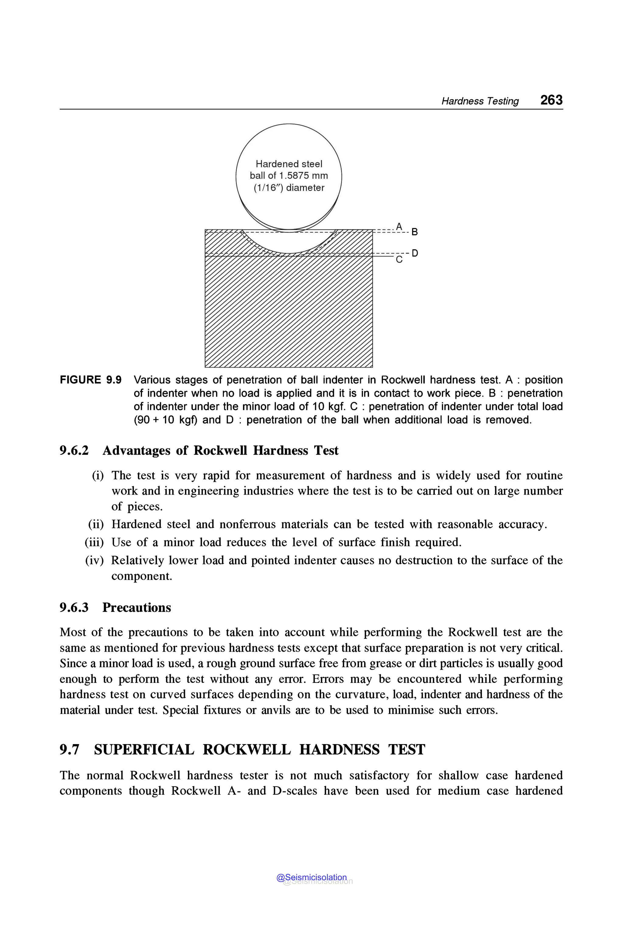 Hardened steel
ball of 1.5875 mm
(1 /16") diameter
177,;z;z.;;,::==c::-::-::~=:::ae':"'=~==91====0~--B
~~~~m~~~~;z'Am~~--=-=--c-D
Hardness Testing 263
FIGURE 9.9 Various stages of penetration of ball indenter in Rockwell hardness test. A : position
of indenter when no load is applied and it is in contact to work piece. B : penetration
of indenter under the minor load of 10 kgf. C : penetration of indenter under total load
(90 + 10 kgf) and D : penetration of the ball when additional load is removed.
9.6.2 Advantages of Rockwell Hardness Test
(i) The test is very rapid for measurement of hardness and is widely used for routine
work and in engineering industries where the test is to be carried out on large number
of pieces.
(ii) Hardened steel and nonferrous materials can be tested with reasonable accuracy.
(iii) Use of a minor load reduces the level of surface finish required.
(iv) Relatively lower load and pointed indenter causes no destruction to the surface of the
component.
9.6.3 Precautions
Most of the precautions to be taken into account while performing the Rockwell test are the
same as mentioned for previous hardness tests except that surface preparation is not very critical.
Since a minor load is used, a rough ground surface free from grease or dirt particles is usually good
enough to perform the test without any error. Errors may be encountered while performing
hardness test on curved surfaces depending on the curvature, load, indenter and hardness of the
material under test. Special fixtures or anvils are to be used to minimise such errors.
9.7 SUPERFICIAL ROCKWELL HARDNESS TEST
The normal Rockwell hardness tester is not much satisfactory for shallow case hardened
components though Rockwell A- and D-scales have been used for medium case hardened
@Seismicisolation
@Seismicisolation
 