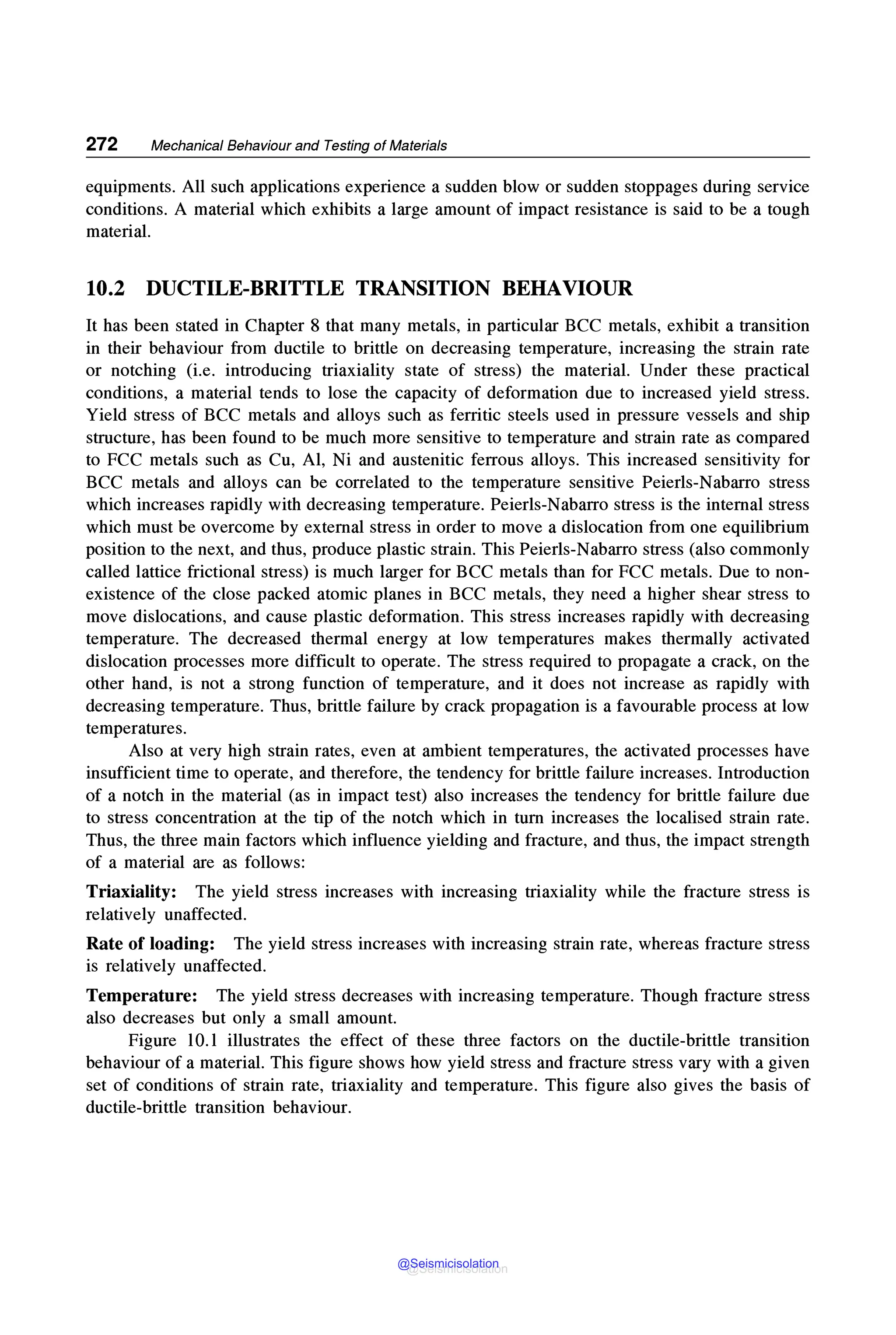 272 Mechanical Behaviour and Testing of Materials
equipments. All such applications experience a sudden blow or sudden stoppages during service
conditions. A material which exhibits a large amount of impact resistance is said to be a tough
material.
10.2 DUCTILE-BRITTLE TRANSITION BEHAVIOUR
It has been stated in Chapter 8 that many metals, in particular BCC metals, exhibit a transition
in their behaviour from ductile to brittle on decreasing temperature, increasing the strain rate
or notching (i.e. introducing triaxiality state of stress) the material. Under these practical
conditions, a material tends to lose the capacity of deformation due to increased yield stress.
Yield stress of BCC metals and alloys such as ferritic steels used in pressure vessels and ship
structure, has been found to be much more sensitive to temperature and strain rate as compared
to FCC metals such as Cu, Al, Ni and austenitic ferrous alloys. This increased sensitivity for
BCC metals and alloys can be correlated to the temperature sensitive Peierls-Nabarro stress
which increases rapidly with decreasing temperature. Peierls-Nabarro stress is the internal stress
which must be overcome by external stress in order to move a dislocation from one equilibrium
position to the next, and thus, produce plastic strain. This Peierls-Nabarro stress (also commonly
called lattice frictional stress) is much larger for BCC metals than for FCC metals. Due to non-
existence of the close packed atomic planes in BCC metals, they need a higher shear stress to
move dislocations, and cause plastic deformation. This stress increases rapidly with decreasing
temperature. The decreased thermal energy at low temperatures makes thermally activated
dislocation processes more difficult to operate. The stress required to propagate a crack, on the
other hand, is not a strong function of temperature, and it does not increase as rapidly with
decreasing temperature. Thus, brittle failure by crack propagation is a favourable process at low
temperatures.
Also at very high strain rates, even at ambient temperatures, the activated processes have
insufficient time to operate, and therefore, the tendency for brittle failure increases. Introduction
of a notch in the material (as in impact test) also increases the tendency for brittle failure due
to stress concentration at the tip of the notch which in tum increases the localised strain rate.
Thus, the three main factors which influence yielding and fracture, and thus, the impact strength
of a material are as follows:
Triaxiality: The yield stress increases with increasing triaxiality while the fracture stress is
relatively unaffected.
Rate of loading: The yield stress increases with increasing strain rate, whereas fracture stress
is relatively unaffected.
Temperature: The yield stress decreases with increasing temperature. Though fracture stress
also decreases but only a small amount.
Figure 10.1 illustrates the effect of these three factors on the ductile-brittle transition
behaviour of a material. This figure shows how yield stress and fracture stress vary with a given
set of conditions of strain rate, triaxiality and temperature. This figure also gives the basis of
ductile-brittle transition behaviour.
@Seismicisolation
@Seismicisolation
 