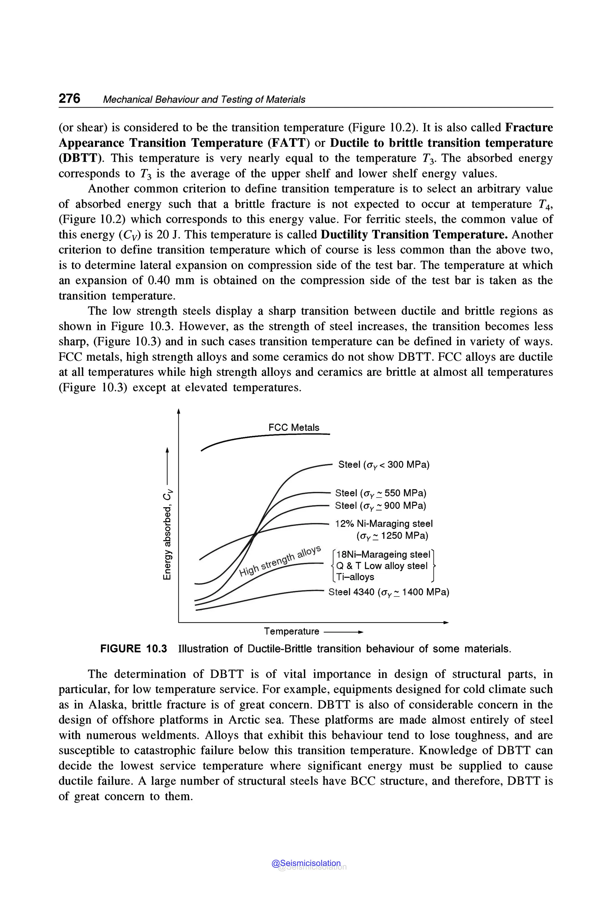 276 Mechanical Behaviour and Testing of Materials
(or shear) is considered to be the transition temperature (Figure 10.2). It is also called Fracture
Appearance Transition Temperature (FATT) or Ductile to brittle transition temperature
(DBTT). This temperature is very nearly equal to the temperature T3. The absorbed energy
corresponds to T3 is the average of the upper shelf and lower shelf energy values.
Another common criterion to define transition temperature is to select an arbitrary value
of absorbed energy such that a brittle fracture is not expected to occur at temperature T4,
(Figure 10.2) which corresponds to this energy value. For ferritic steels, the common value of
this energy (Cv) is 20 J. This temperature is called Ductility Transition Temperature. Another
criterion to define transition temperature which of course is less common than the above two,
is to determine lateral expansion on compression side of the test bar. The temperature at which
an expansion of 0.40 mm is obtained on the compression side of the test bar is taken as the
transition temperature.
The low strength steels display a sharp transition between ductile and brittle regions as
shown in Figure 10.3. However, as the strength of steel increases, the transition becomes less
sharp, (Figure 10.3) and in such cases transition temperature can be defined in variety of ways.
FCC metals, high strength alloys and some ceramics do not show DBTT. FCC alloys are ductile
at all temperatures while high strength alloys and ceramics are brittle at almost all temperatures
(Figure l0.3) except at elevated temperatures.
::,.
(.)
"O
Q)
.a
g
.a
<11
>,
~
Q)
C
w
FCC Metals
~
Steel (ay< 300 MPa)
---- Steel (ay_::550 MPa)
Steel (ay_::900 MPa)
12% Ni-Maraging steel
(ay '.: 1250 MPa)
c:J'0 ~oi5 {18Ni-Marageing steel}
1ie'0 Q & T Low alloy steel
Ti-alloys
e-----Steel 4340 (ay'.: 1400 MPa)
Temperature - - -
FIGURE 10.3 Illustration of Ductile-Brittle transition behaviour of some materials.
The determination of DBTT is of vital importance in design of structural parts, in
particular, for low temperature service. For example, equipments designed for cold climate such
as in Alaska, brittle fracture is of great concern. DBTT is also of considerable concern in the
design of offshore platforms in Arctic sea. These platforms are made almost entirely of steel
with numerous weldments. Alloys that exhibit this behaviour tend to lose toughness, and are
susceptible to catastrophic failure below this transition temperature. Knowledge of DBTT can
decide the lowest service temperature where significant energy must be supplied to cause
ductile failure. A large number of structural steels have BCC structure, and therefore, DBTT is
of great concern to them.
@Seismicisolation
@Seismicisolation
 