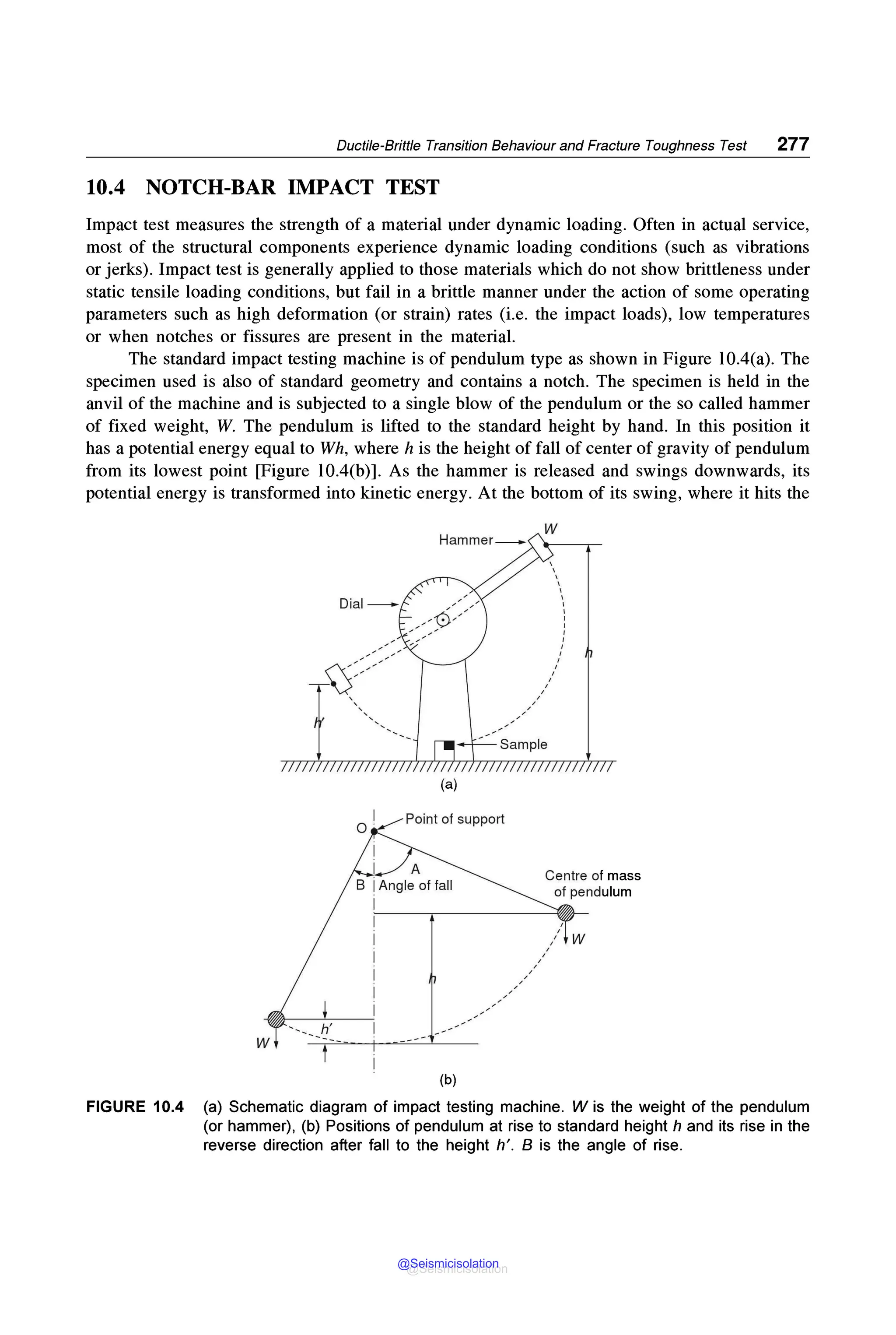 Ductile-Brittle Transition Behaviour and Fracture Toughness Test 277
10.4 NOTCH-BAR IMPACT TEST
Impact test measures the strength of a material under dynamic loading. Often in actual service,
most of the structural components experience dynamic loading conditions (such as vibrations
or jerks). Impact test is generally applied to those materials which do not show brittleness under
static tensile loading conditions, but fail in a brittle manner under the action of some operating
parameters such as high deformation (or strain) rates (i.e. the impact loads), low temperatures
or when notches or fissures are present in the material.
The standard impact testing machine is of pendulum type as shown in Figure l0.4(a). The
specimen used is also of standard geometry and contains a notch. The specimen is held in the
anvil of the machine and is subjected to a single blow of the pendulum or the so called hammer
of fixed weight, W. The pendulum is lifted to the standard height by hand. In this position it
has a potential energy equal to Wh, where h is the height of fall of center of gravity of pendulum
from its lowest point [Figure l0.4(b)]. As the hammer is released and swings downwards, its
potential energy is transformed into kinetic energy. At the bottom of its swing, where it hits the
(a)
Point of support
,
/
h'
w
(b)
,
,
Centre of mass
of pendulum
'
,
,
,
,' w
FIGURE 10.4 (a) Schematic diagram of impact testing machine. W is the weight of the pendulum
(or hammer), (b) Positions of pendulum at rise to standard height h and its rise in the
reverse direction after fall to the height h'. B is the angle of rise.
@Seismicisolation
@Seismicisolation
 