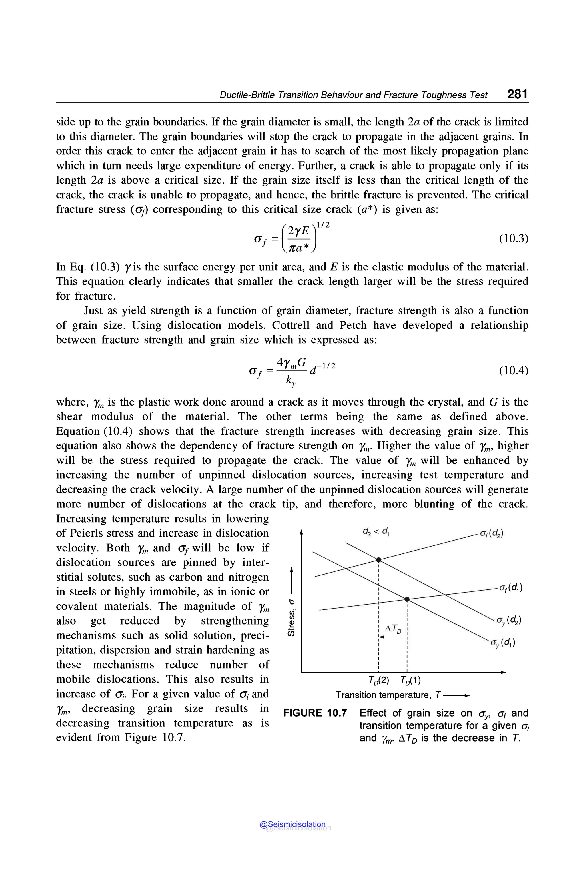 Ductile-Brittle Transition Behaviour and Fracture Toughness Test 281
side up to the grain boundaries. If the grain diameter is small, the length 2a of the crack is limited
to this diameter. The grain boundaries will stop the crack to propagate in the adjacent grains. In
order this crack to enter the adjacent grain it has to search of the most likely propagation plane
which in tum needs large expenditure of energy. Further, a crack is able to propagate only if its
length 2a is above a critical size. If the grain size itself is less than the critical length of the
crack, the crack is unable to propagate, and hence, the brittle fracture is prevented. The critical
fracture stress (Gj) corresponding to this critical size crack (a*) is given as:
CT - _1__
( 2 £)1
'
2
f - tra *
(10.3)
In Eq. (10.3) yis the surface energy per unit area, and Eis the elastic modulus of the material.
This equation clearly indicates that smaller the crack length larger will be the stress required
for fracture.
Just as yield strength is a function of grain diameter, fracture strength is also a function
of grain size. Using dislocation models, Cottrell and Petch have developed a relationship
between fracture strength and grain size which is expressed as:
4ymG d-112
CT!=--
k_,,
(10.4)
where, Ym is the plastic work done around a crack as it moves through the crystal, and G is the
shear modulus of the material. The other terms being the same as defined above.
Equation (10.4) shows that the fracture strength increases with decreasing grain size. This
equation also shows the dependency of fracture strength on Ym· Higher the value of Ym, higher
will be the stress required to propagate the crack. The value of Ym will be enhanced by
increasing the number of unpinned dislocation sources, increasing test temperature and
decreasing the crack velocity. A large number of the unpinned dislocation sources will generate
more number of dislocations at the crack tip, and therefore, more blunting of the crack.
Increasing temperature results in lowering
of Peierls stress and increase in dislocation
velocity. Both Ym and CTJ will be low if
dislocation sources are pinned by inter-
stitial solutes, such as carbon and nitrogen
in steels or highly immobile, as in ionic or
covalent materials. The magnitude of Ym
also get reduced by strengthening
mechanisms such as solid solution, preci-
pitation, dispersion and strain hardening as
these mechanisms reduce number of
mobile dislocations. This also results in
increase of CT;. For a given value of CT; and
Ym, decreasing grain size results m
decreasing transition temperature as is
evident from Figure 10.7.
d2 < d1
f u1(d1)
t,
ui
1/)
'
!!! ' '
u5 : ~ To :
~
'
T0 (2) To(1)
Transition temperature, T -
FIGURE 10.7 Effect of grain size on ay, a, and
transition temperature for a given a;
and Ym· !::.T0 is the decrease in T.
@Seismicisolation
@Seismicisolation
 