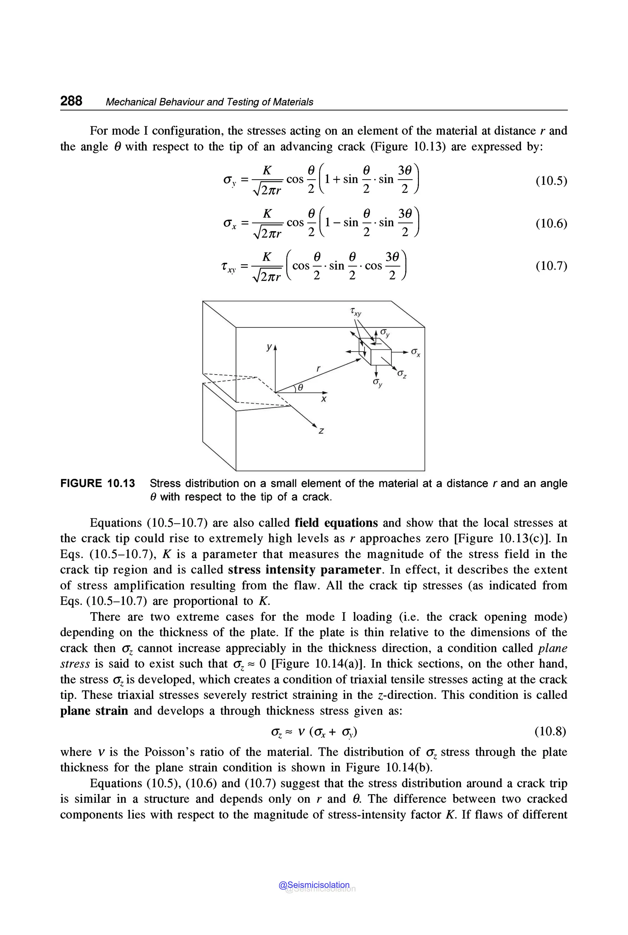 288 Mechanical Behaviour and Testing of Materials
For mode I configuration, the stresses acting on an element of the material at distance r and
the angle 0 with respect to the tip of an advancing crack (Figure 10.13) are expressed by:
K 0 (l . 0 . 30)
a" =--cos- +sm-·sm-
. ✓
2m- 2 2 2
(10.5)
K 0 ( . 0 . 30)
ax = ✓
2m- cos 2 1- sm 2·sm 2 (10.6)
r = ~(cos ~· sin ~· cos 30 )
x_, ✓
2m" 2 2 2
(10.7)
y
r
-- - - -------,,,, 0
X
z
FIGURE 10.13 Stress distribution on a small element of the material at a distance rand an angle
0 with respect to the tip of a crack.
Equations (10.5-10.7) are also called field equations and show that the local stresses at
the crack tip could rise to extremely high levels as r approaches zero [Figure 10.13(c)]. In
Eqs. (10.5-10.7), K is a parameter that measures the magnitude of the stress field in the
crack tip region and is called stress intensity parameter. In effect, it describes the extent
of stress amplification resulting from the flaw. All the crack tip stresses (as indicated from
Eqs. (10.5-10.7) are proportional to K.
There are two extreme cases for the mode I loading (i.e. the crack opening mode)
depending on the thickness of the plate. If the plate is thin relative to the dimensions of the
crack then <Yz cannot increase appreciably in the thickness direction, a condition called plane
stress is said to exist such that <Yz "' 0 [Figure 10.14(a)]. In thick sections, on the other hand,
the stress <Yz is developed, which creates a condition of triaxial tensile stresses acting at the crack
tip. These triaxial stresses severely restrict straining in the z-direction. This condition is called
plane strain and develops a through thickness stress given as:
(10.8)
where v is the Poisson's ratio of the material. The distribution of <Yz stress through the plate
thickness for the plane strain condition is shown in Figure 10.14(b).
Equations (10.5), (10.6) and (10.7) suggest that the stress distribution around a crack trip
is similar in a structure and depends only on r and 0. The difference between two cracked
components lies with respect to the magnitude of stress-intensity factor K. If flaws of different
@Seismicisolation
@Seismicisolation
 
