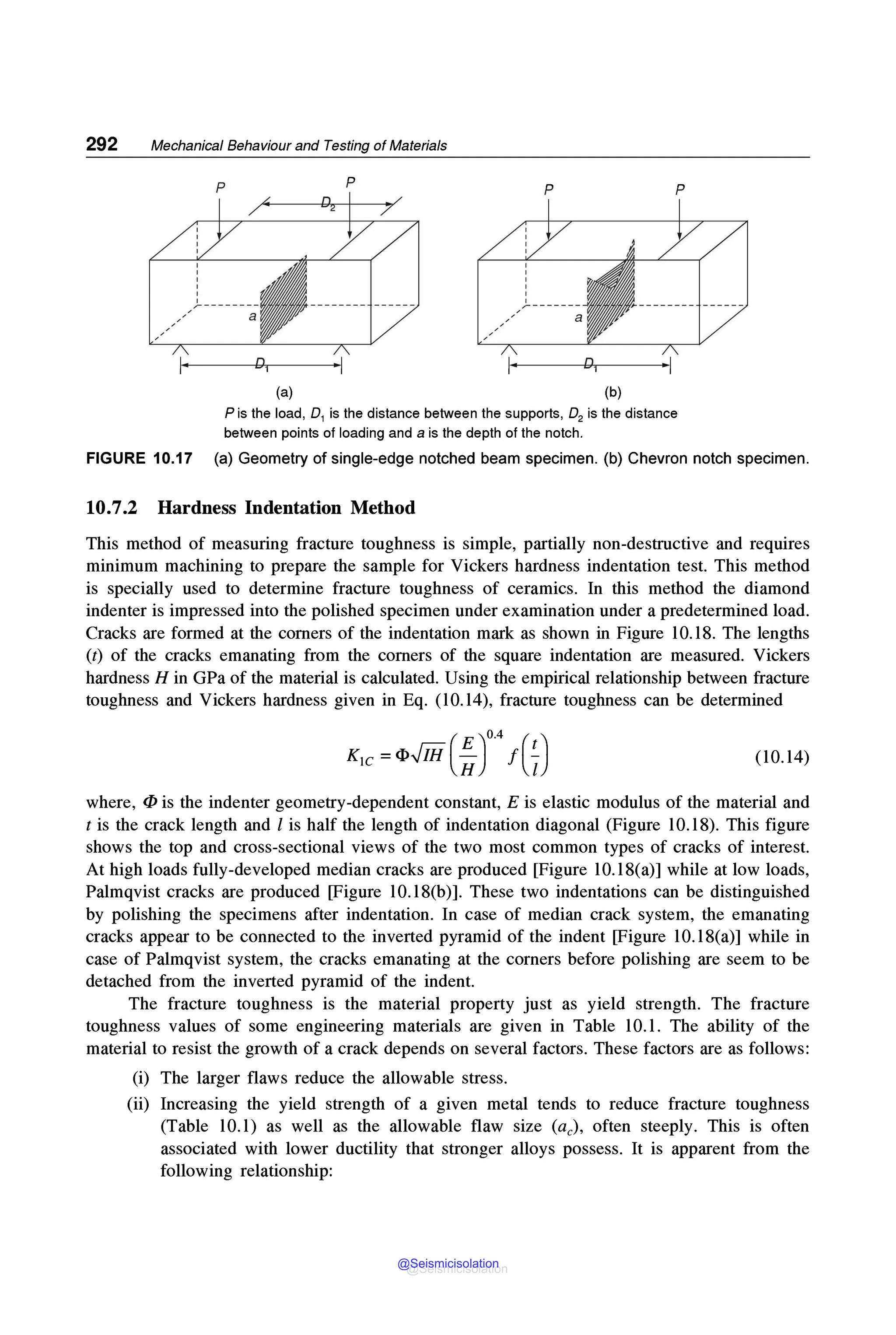 292 Mechanical Behaviour and Testing of Materials
p p p p
(a) (b)
Pis the load, 0 1 is the distance between the supports, 02 is the distance
between points of loading and a is the depth of the notch.
FIGURE 10.17 (a) Geometry of single-edge notched beam specimen. (b) Chevron notch specimen.
10.7.2 Hardness Indentation Method
This method of measuring fracture toughness is simple, partially non-destructive and requires
minimum machining to prepare the sample for Vickers hardness indentation test. This method
is specially used to determine fracture toughness of ceramics. In this method the diamond
indenter is impressed into the polished specimen under examination under a predetermined load.
Cracks are formed at the comers of the indentation mark as shown in Figure 10.18. The lengths
(t) of the cracks emanating from the comers of the square indentation are measured. Vickers
hardness Hin GPa of the material is calculated. Using the empirical relationship between fracture
toughness and Vickers hardness given in Eq. (10.14), fracture toughness can be determined
( E )o.4 (t)
Kie =cJ>Jiii H f 1 (10.14)
where, <Pis the indenter geometry-dependent constant, Eis elastic modulus of the material and
t is the crack length and l is half the length of indentation diagonal (Figure 10.18). This figure
shows the top and cross-sectional views of the two most common types of cracks of interest.
At high loads fully-developed median cracks are produced [Figure l0.l8(a)] while at low loads,
Palmqvist cracks are produced [Figure lO
.l8(b)]. These two indentations can be distinguished
by polishing the specimens after indentation. In case of median crack system, the emanating
cracks appear to be connected to the inverted pyramid of the indent [Figure l0.18(a)] while in
case of Palmqvist system, the cracks emanating at the corners before polishing are seem to be
detached from the inverted pyramid of the indent.
The fracture toughness is the material property just as yield strength. The fracture
toughness values of some engineering materials are given in Table l0.l. The ability of the
material to resist the growth of a crack depends on several factors. These factors are as follows:
(i) The larger flaws reduce the allowable stress.
(ii) Increasing the yield strength of a given metal tends to reduce fracture toughness
(Table 10.l) as well as the allowable flaw size (ac), often steeply. This is often
associated with lower ductility that stronger alloys possess. It is apparent from the
following relationship:
@Seismicisolation
@Seismicisolation
 