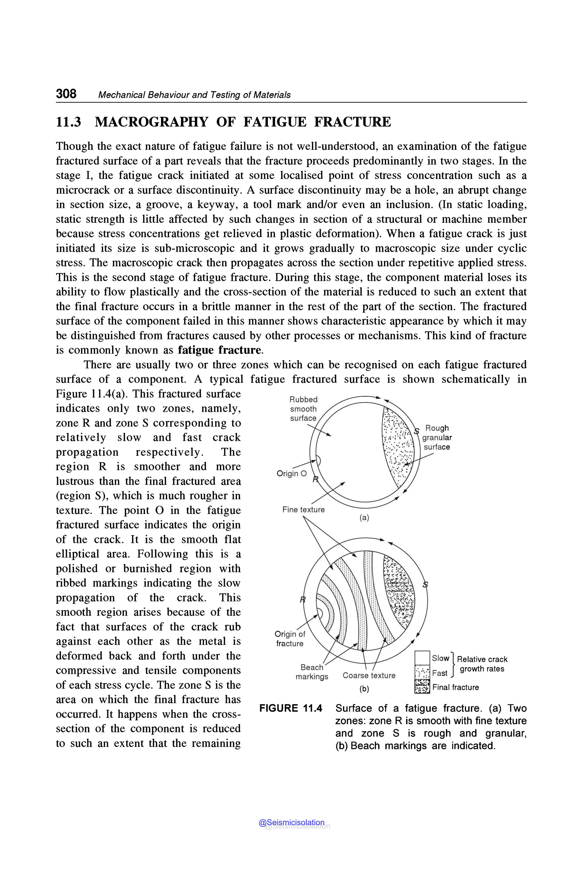 308 Mechanical Behaviour and Testing of Materials
11.3 MACROGRAPHY OF FATIGUE FRACTURE
Though the exact nature of fatigue failure is not well-understood, an examination of the fatigue
fractured surface of a part reveals that the fracture proceeds predominantly in two stages. In the
stage I, the fatigue crack initiated at some localised point of stress concentration such as a
microcrack or a surface discontinuity. A surface discontinuity may be a hole, an abrupt change
in section size, a groove, a keyway, a tool mark and/or even an inclusion. (In static loading,
static strength is little affected by such changes in section of a structural or machine member
because stress concentrations get relieved in plastic deformation). When a fatigue crack is just
initiated its size is sub-microscopic and it grows gradually to macroscopic size under cyclic
stress. The macroscopic crack then propagates across the section under repetitive applied stress.
This is the second stage of fatigue fracture. During this stage, the component material loses its
ability to flow plastically and the cross-section of the material is reduced to such an extent that
the final fracture occurs in a brittle manner in the rest of the part of the section. The fractured
surface of the component failed in this manner shows characteristic appearance by which it may
be distinguished from fractures caused by other processes or mechanisms. This kind of fracture
is commonly known as fatigue fracture.
There are usually two or three zones which can be recognised on each fatigue fractured
surface of a component. A typical fatigue fractured surface is shown schematically in
Figure l l .4(a). This fractured surface
indicates only two zones, namely,
zone R and zone S corresponding to
relatively slow and fast crack
propagation respectively. The
region R is smoother and more
lustrous than the final fractured area
(region S), which is much rougher in
texture. The point O in the fatigue
fractured surface indicates the origin
of the crack. It is the smooth flat
elliptical area. Following this is a
polished or burnished region with
ribbed markings indicating the slow
propagation of the crack. This
smooth region arises because of the
fact that surfaces of the crack rub
against each other as the metal is
deformed back and forth under the
compressive and tensile components
of each stress cycle. The zone S is the
area on which the final fracture has
occurred. It happens when the cross-
section of the component is reduced
to such an extent that the remaining
Rubbed
markings Coarse texture
(b)
iSlow} Relative crack
Fast growth rates
Final fracture
FIGURE 11.4 Surface of a fatigue fracture. (a) Two
zones: zone R is smooth with fine texture
and zone S is rough and granular,
(b) Beach markings are indicated.
@Seismicisolation
@Seismicisolation
 