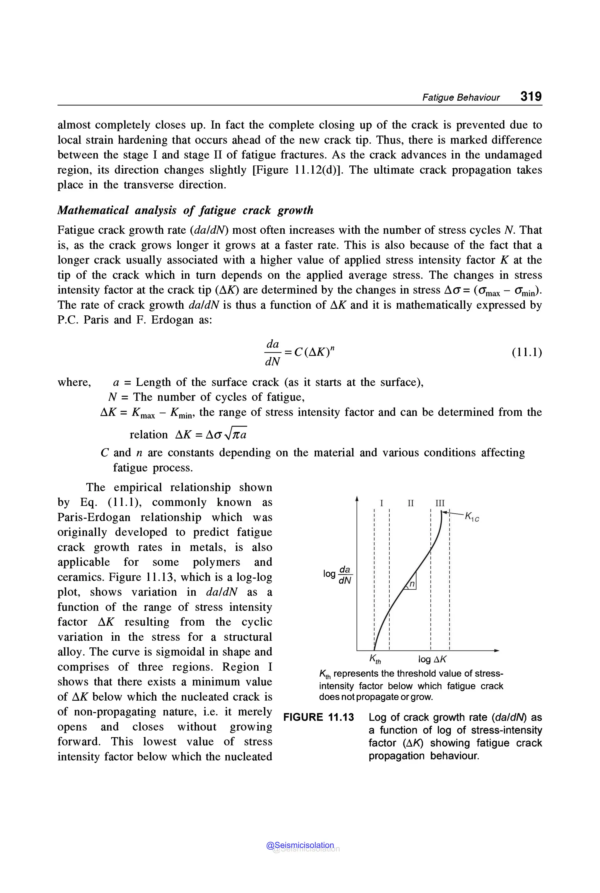 Fatigue Behaviour 319
almost completely closes up. In fact the complete closing up of the crack is prevented due to
local strain hardening that occurs ahead of the new crack tip. Thus, there is marked difference
between the stage I and stage II of fatigue fractures. As the crack advances in the undamaged
region, its direction changes slightly [Figure l l.l2(d)]. The ultimate crack propagation takes
place in the transverse direction.
Mathematical analysis of fatigue crack growth
Fatigue crack growth rate (da/dN) most often increases with the number of stress cycles N. That
is, as the crack grows longer it grows at a faster rate. This is also because of the fact that a
longer crack usually associated with a higher value of applied stress intensity factor K at the
tip of the crack which in turn depends on the applied average stress. The changes in stress
intensity factor at the crack tip (dK) are determined by the changes in stress dCT = (CTmax - CTmin)-
The rate of crack growth da/dN is thus a function of !),,K and it is mathematically expressed by
P.C. Paris and F. Erdogan as:
(ll.l)
where, a = Length of the surface crack (as it starts at the surface),
N = The number of cycles of fatigue,
!),,K = Kmax - Kmin, the range of stress intensity factor and can be determined from the
relation !),,K =dCT Jiui
C and n are constants depending on the material and various conditions affecting
fatigue process.
The empirical relationship shown
by Eq. (l l.l), commonly known as
Paris-Erdogan relationship which was
originally developed to predict fatigue
crack growth rates in metals, is also
applicable for some polymers and
ceramics. Figure 11.13, which is a log-log
plot, shows variation in da/dN as a
function of the range of stress intensity
factor !),,K resulting from the cyclic
variation in the stress for a structural
alloy. The curve is sigmoidal in shape and
comprises of three regions. Region I
shows that there exists a minimum value
of !),,K below which the nucleated crack is
log!!.§_
dN
II III
Kth log !lK
K1h represents the threshold value of stress-
intensity factor below which fatigue crack
does not propagate orgrow.
of non-propagating nature, i.e. it merely FIGURE 11 _
13
opens and closes without growing
Log of crack growth rate (daldN') as
a function of log of stress-intensity
factor (LlK) showing fatigue crack
propagation behaviour.
forward. This lowest value of stress
intensity factor below which the nucleated
@Seismicisolation
@Seismicisolation
 