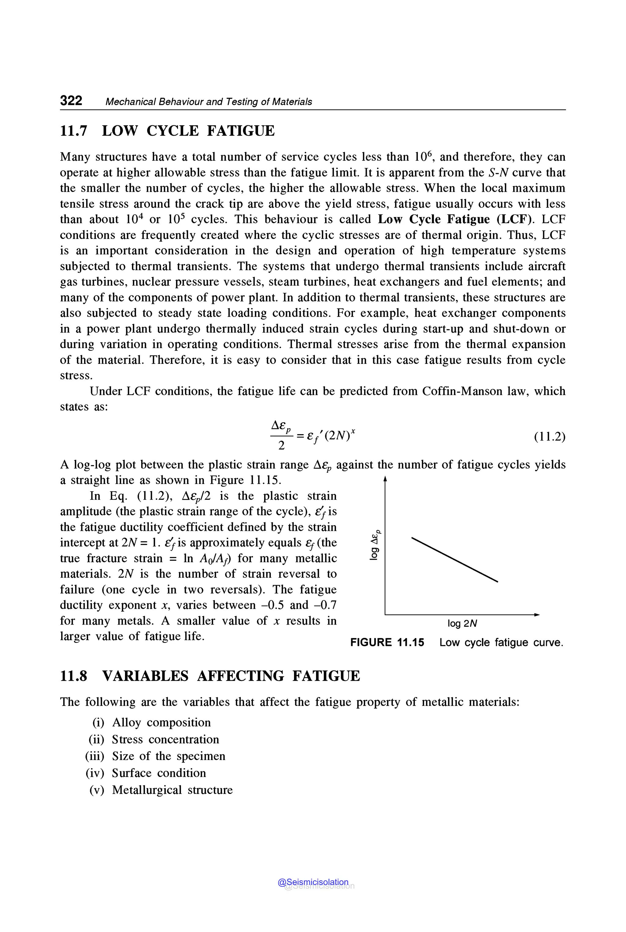 322 Mechanical Behaviour and Testing of Materials
11.7 LOW CYCLE FATIGUE
Many structures have a total number of service cycles less than 106, and therefore, they can
operate at higher allowable stress than the fatigue limit. It is apparent from the S-N curve that
the smaller the number of cycles, the higher the allowable stress. When the local maximum
tensile stress around the crack tip are above the yield stress, fatigue usually occurs with less
than about 104 or 105 cycles. This behaviour is called Low Cycle Fatigue (LCF). LCF
conditions are frequently created where the cyclic stresses are of thermal origin. Thus, LCF
is an important consideration in the design and operation of high temperature systems
subjected to thermal transients. The systems that undergo thermal transients include aircraft
gas turbines, nuclear pressure vessels, steam turbines, heat exchangers and fuel elements; and
many of the components of power plant. In addition to thermal transients, these structures are
also subjected to steady state loading conditions. For example, heat exchanger components
in a power plant undergo thermally induced strain cycles during start-up and shut-down or
during variation in operating conditions. Thermal stresses arise from the thermal expansion
of the material. Therefore, it is easy to consider that in this case fatigue results from cycle
stress.
Under LCF conditions, the fatigue life can be predicted from Coffin-Manson law, which
states as:
~e
_P =e/(2Nt
2
(11.2)
A log-log plot between the plastic strain range ~e,, against the number of fatigue cycles yields
a straight line as shown in Figure 11.15.
In Eq. (11.2), ~eµf2 is the plastic strain
amplitude (the plastic strain range of the cycle), 4'is
the fatigue ductility coefficient defined by the strain
intercept at 2N = 1. 4'is approximately equals Cf (the
true fracture strain = ln AofA1) for many metallic
materials. 2N is the number of strain reversal to
failure (one cycle in two reversals). The fatigue
ductility exponent x, varies between -0.5 and -0.7
for many metals. A smaller value of x results in
larger value of fatigue life. FIGURE 11.15
11.8 VARIABLES AFFECTING FATIGUE
log2N
Low cycle fatigue curve.
The following are the variables that affect the fatigue property of metallic materials:
(i) Alloy composition
(ii) Stress concentration
(iii) Size of the specimen
(iv) Surface condition
(v) Metallurgical structure
@Seismicisolation
@Seismicisolation
 