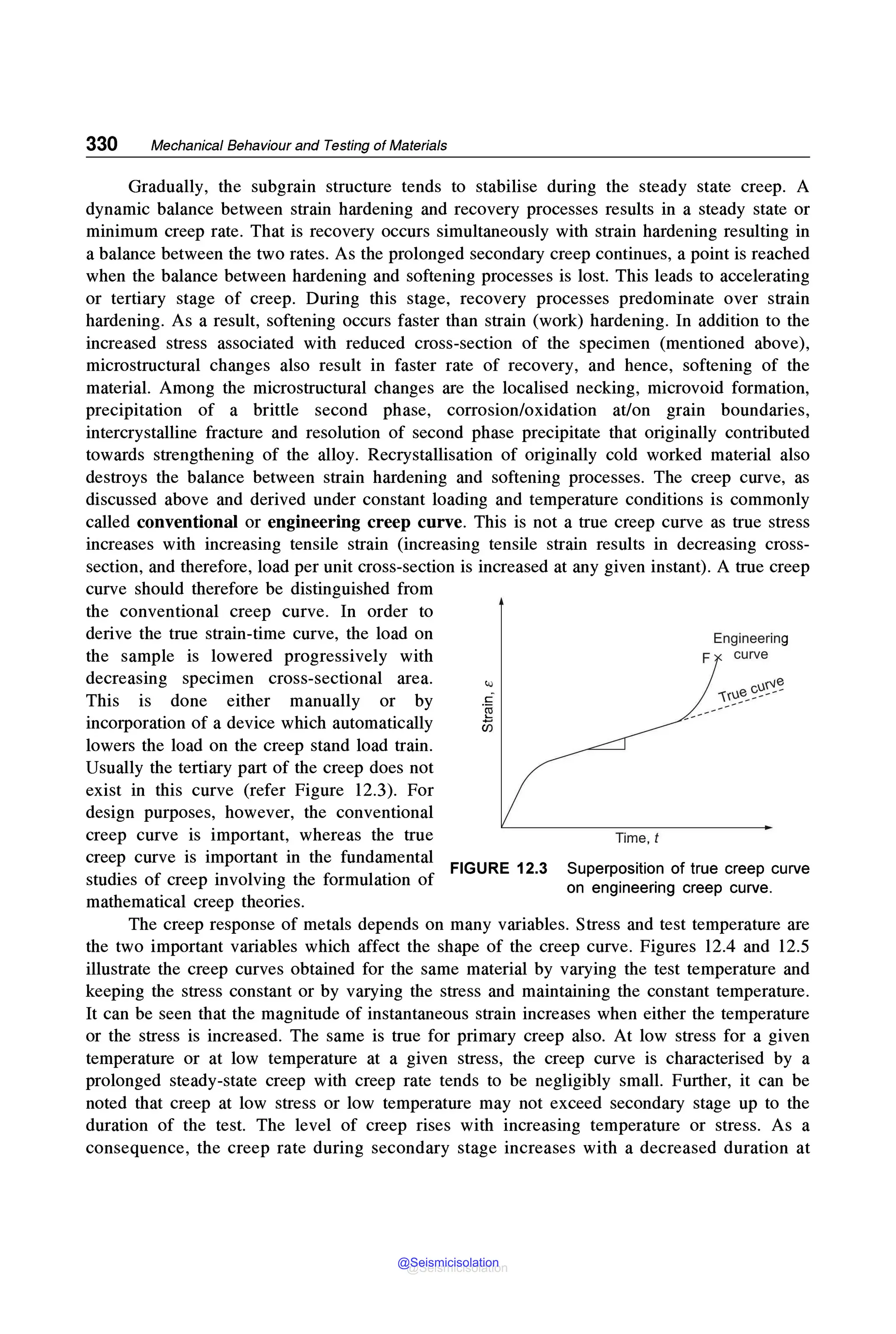 330 Mechanical Behaviour and Testing of Materials
Gradually, the subgrain structure tends to stabilise during the steady state creep. A
dynamic balance between strain hardening and recovery processes results in a steady state or
minimum creep rate. That is recovery occurs simultaneously with strain hardening resulting in
a balance between the two rates. As the prolonged secondary creep continues, a point is reached
when the balance between hardening and softening processes is lost. This leads to accelerating
or tertiary stage of creep. During this stage, recovery processes predominate over strain
hardening. As a result, softening occurs faster than strain (work) hardening. In addition to the
increased stress associated with reduced cross-section of the specimen (mentioned above),
microstructural changes also result in faster rate of recovery, and hence, softening of the
material. Among the microstructural changes are the localised necking, microvoid formation,
precipitation of a brittle second phase, corrosion/oxidation at/on grain boundaries,
intercrystalline fracture and resolution of second phase precipitate that originally contributed
towards strengthening of the alloy. Recrystallisation of originally cold worked material also
destroys the balance between strain hardening and softening processes. The creep curve, as
discussed above and derived under constant loading and temperature conditions is commonly
called conventional or engineering creep curve. This is not a true creep curve as true stress
increases with increasing tensile strain (increasing tensile strain results in decreasing cross-
section, and therefore, load per unit cross-section is increased at any given instant). A true creep
curve should therefore be distinguished from
the conventional creep curve. In order to
derive the true strain-time curve, the load on
the sample is lowered progressively with
decreasing specimen cross-sectional area.
This is done either manually or by
incorporation of a device which automatically
lowers the load on the creep stand load train.
Usually the tertiary part of the creep does not
exist in this curve (refer Figure 12.3). For
design purposes, however, the conventional
creep curve is important, whereas the true
t,,)
creep curve is important in the fundamental FIGURE 12_
3
studies of creep involving the formulation of
mathematical creep theories.
Engineering
F curve
Time, t
Superposition of true creep curve
on engineering creep curve.
The creep response of metals depends on many variables. Stress and test temperature are
the two important variables which affect the shape of the creep curve. Figures 12.4 and 12.5
illustrate the creep curves obtained for the same material by varying the test temperature and
keeping the stress constant or by varying the stress and maintaining the constant temperature.
It can be seen that the magnitude of instantaneous strain increases when either the temperature
or the stress is increased. The same is true for primary creep also. At low stress for a given
temperature or at low temperature at a given stress, the creep curve is characterised by a
prolonged steady-state creep with creep rate tends to be negligibly small. Further, it can be
noted that creep at low stress or low temperature may not exceed secondary stage up to the
duration of the test. The level of creep rises with increasing temperature or stress. As a
consequence, the creep rate during secondary stage increases with a decreased duration at
@Seismicisolation
@Seismicisolation
 