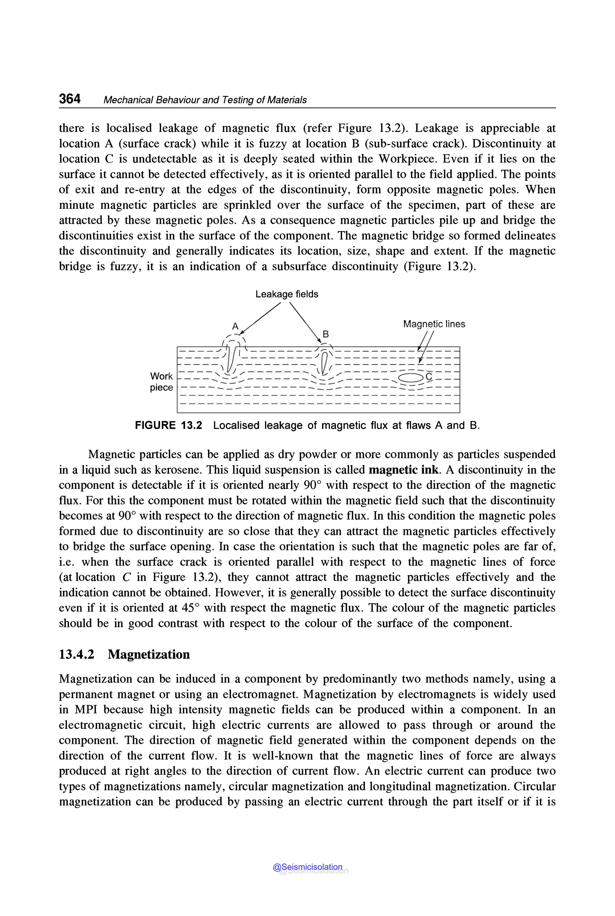 364 Mechanical Behaviour and Testing of Materials
there is localised leakage of magnetic flux (refer Figure 13.2). Leakage is appreciable at
location A (surface crack) while it is fuzzy at location B (sub-surface crack). Discontinuity at
location C is undetectable as it is deeply seated within the Workpiece. Even if it lies on the
surface it cannot be detected effectively, as it is oriented parallel to the field applied. The points
of exit and re-entry at the edges of the discontinuity, form opposite magnetic poles. When
minute magnetic particles are sprinkled over the surface of the specimen, part of these are
attracted by these magnetic poles. As a consequence magnetic particles pile up and bridge the
discontinuities exist in the surface of the component. The magnetic bridge so formed delineates
the discontinuity and generally indicates its location, size, shape and extent. If the magnetic
bridge is fuzzy, it is an indication of a subsurface discontinuity (Figure 13.2).
Leakage fields
,'-✓~
~ - - - " - - + ,
Magnetic lines
;::~~_:=:_.::_~~;~~~~~~~~;1;~=====;2~==
FIGURE 13.2 Localised leakage of magnetic flux at flaws A and B.
Magnetic particles can be applied as dry powder or more commonly as particles suspended
in a liquid such as kerosene. This liquid suspension is called magnetic ink. A discontinuity in the
component is detectable if it is oriented nearly 90° with respect to the direction of the magnetic
flux. For this the component must be rotated within the magnetic field such that the discontinuity
becomes at 90° with respect to the direction of magnetic flux. In this condition the magnetic poles
formed due to discontinuity are so close that they can attract the magnetic particles effectively
to bridge the surface opening. In case the orientation is such that the magnetic poles are far of,
i.e. when the surface crack is oriented parallel with respect to the magnetic lines of force
(at location C in Figure 13.2), they cannot attract the magnetic particles effectively and the
indication cannot be obtained. However, it is generally possible to detect the surface discontinuity
even if it is oriented at 45° with respect the magnetic flux. The colour of the magnetic particles
should be in good contrast with respect to the colour of the surface of the component.
13.4.2 Magnetization
Magnetization can be induced in a component by predominantly two methods namely, using a
permanent magnet or using an electromagnet. Magnetization by electromagnets is widely used
in MPI because high intensity magnetic fields can be produced within a component. In an
electromagnetic circuit, high electric currents are allowed to pass through or around the
component. The direction of magnetic field generated within the component depends on the
direction of the current flow. It is well-known that the magnetic lines of force are always
produced at right angles to the direction of current flow. An electric current can produce two
types of magnetizations namely, circular magnetization and longitudinal magnetization. Circular
magnetization can be produced by passing an electric current through the part itself or if it is
@Seismicisolation
@Seismicisolation
 