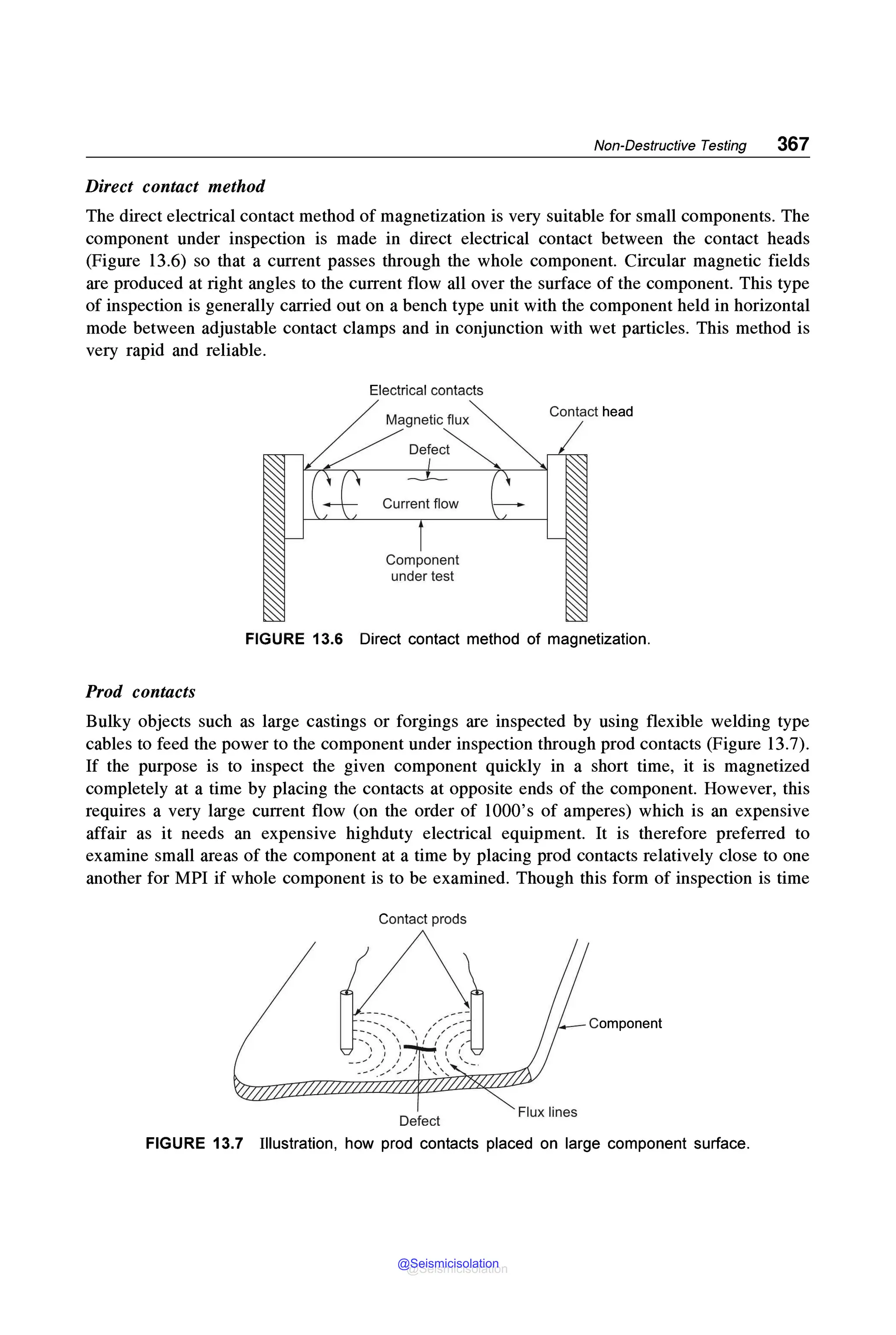 Non-Destructive Testing 367
Direct contact method
The direct electrical contact method of magnetization is very suitable for small components. The
component under inspection is made in direct electrical contact between the contact heads
(Figure 13.6) so that a current passes through the whole component. Circular magnetic fields
are produced at right angles to the current flow all over the surface of the component. This type
of inspection is generally carried out on a bench type unit with the component held in horizontal
mode between adjustable contact clamps and in conjunction with wet particles. This method is
very rapid and reliable.
Prod contacts
Electrical contacts
Magnetic flux
Current flow
Component
under test
Contact head
FIGURE 13.6 Direct contact method of magnetization.
Bulky objects such as large castings or forgings are inspected by using flexible welding type
cables to feed the power to the component under inspection through prod contacts (Figure 13.7).
If the purpose is to inspect the given component quickly in a short time, it is magnetized
completely at a time by placing the contacts at opposite ends of the component. However, this
requires a very large current flow (on the order of lO00's of amperes) which is an expensive
affair as it needs an expensive highduty electrical equipment. It is therefore preferred to
examine small areas of the component at a time by placing prod contacts relatively close to one
another for MPI if whole component is to be examined. Though this form of inspection is time
Contact prods
Component
Defect
Flux lines
FIGURE 13.7 Illustration, how prod contacts placed on large component surface.
@Seismicisolation
@Seismicisolation
 