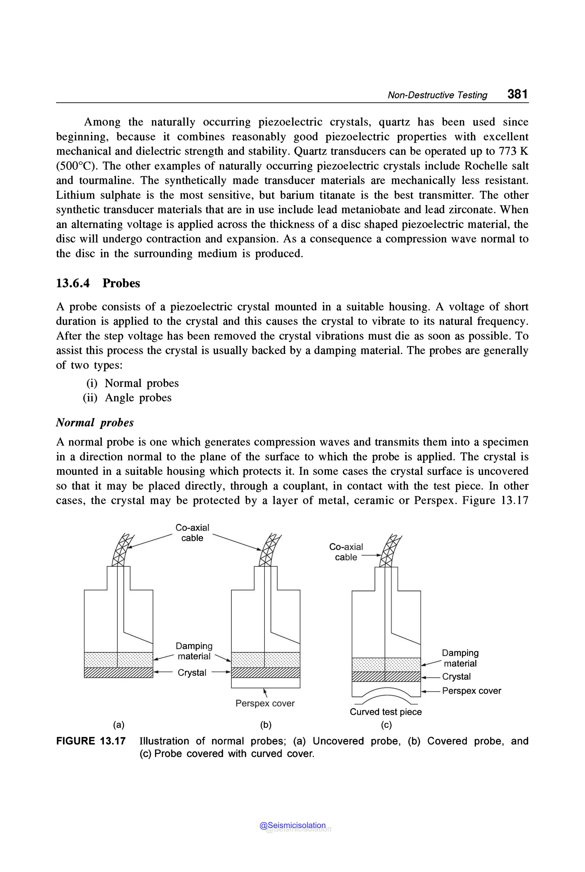 Non-Destructive Testing 381
Among the naturally occurring piezoelectric crystals, quartz has been used since
beginning, because it combines reasonably good piezoelectric properties with excellent
mechanical and dielectric strength and stability. Quartz transducers can be operated up to 773 K
(500°C). The other examples of naturally occurring piezoelectric crystals include Rochelle salt
and tourmaline. The synthetically made transducer materials are mechanically less resistant.
Lithium sulphate is the most sensitive, but barium titanate is the best transmitter. The other
synthetic transducer materials that are in use include lead metaniobate and lead zirconate. When
an alternating voltage is applied across the thickness of a disc shaped piezoelectric material, the
disc will undergo contraction and expansion. As a consequence a compression wave normal to
the disc in the surrounding medium is produced.
13.6.4 Probes
A probe consists of a piezoelectric crystal mounted in a suitable housing. A voltage of short
duration is applied to the crystal and this causes the crystal to vibrate to its natural frequency.
After the step voltage has been removed the crystal vibrations must die as soon as possible. To
assist this process the crystal is usually backed by a damping material. The probes are generally
of two types:
(i) Normal probes
(ii) Angle probes
Normal probes
A normal probe is one which generates compression waves and transmits them into a specimen
in a direction normal to the plane of the surface to which the probe is applied. The crystal is
mounted in a suitable housing which protects it. In some cases the crystal surface is uncovered
so that it may be placed directly, through a couplant, in contact with the test piece. In other
cases, the crystal may be protected by a layer of metal, ceramic or Perspex. Figure 13.17
(a)
Damping
material
Perspex cover
(b)
~
Curved test piece
(c)
Damping
material
Crystal
Perspex cover
FIGURE 13.17 Illustration of normal probes; (a) Uncovered probe, (b) Covered probe, and
(c) Probe covered with curved cover.
@Seismicisolation
@Seismicisolation
 