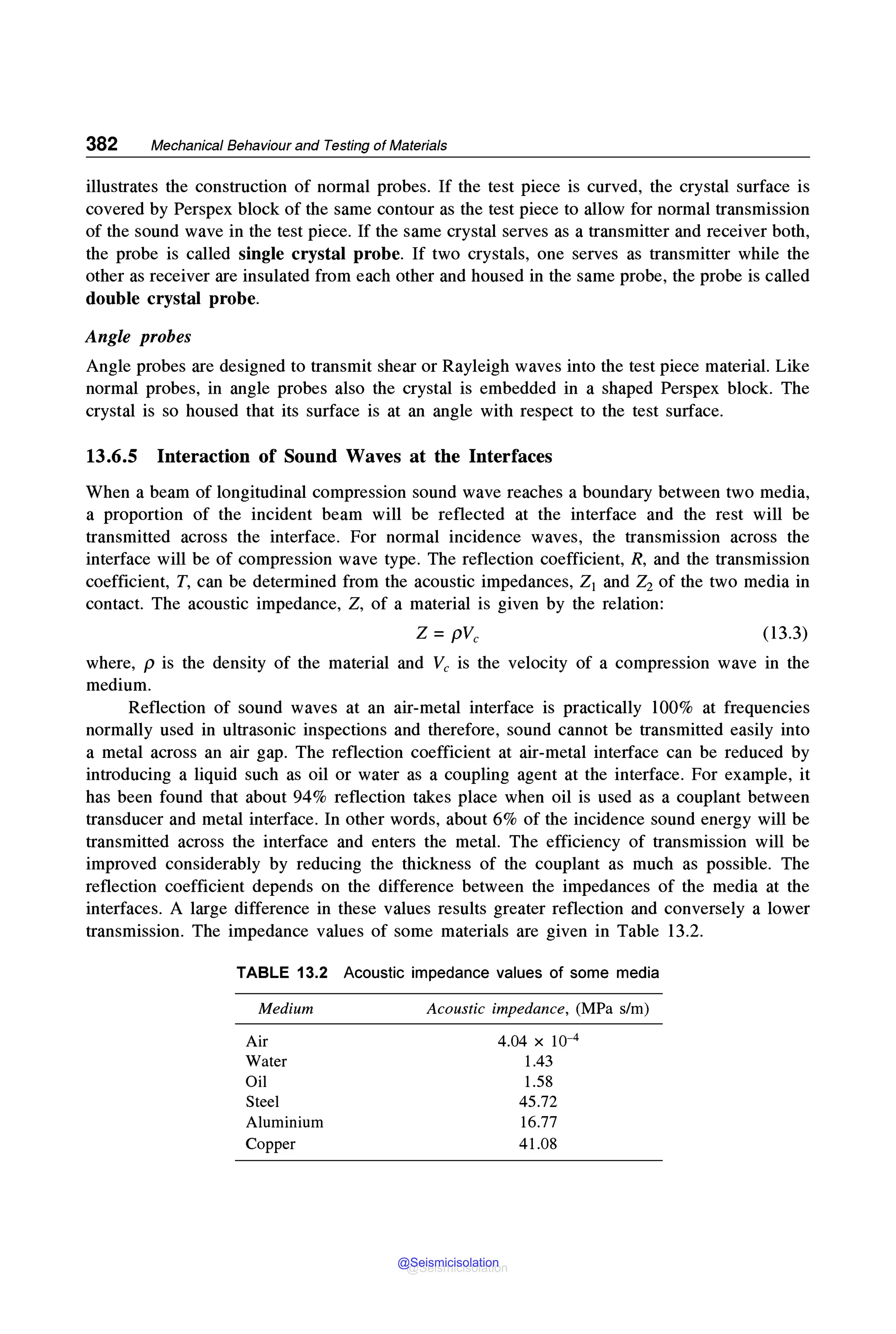 382 Mechanical Behaviour and Testing of Materials
illustrates the construction of normal probes. If the test piece is curved, the crystal surface is
covered by Perspex block of the same contour as the test piece to allow for normal transmission
of the sound wave in the test piece. If the same crystal serves as a transmitter and receiver both,
the probe is called single crystal probe. If two crystals, one serves as transmitter while the
other as receiver are insulated from each other and housed in the same probe, the probe is called
double crystal probe.
Angle probes
Angle probes are designed to transmit shear or Rayleigh waves into the test piece material. Like
normal probes, in angle probes also the crystal is embedded in a shaped Perspex block. The
crystal is so housed that its surface is at an angle with respect to the test surface.
13.6.5 Interaction of Sound Waves at the Interfaces
When a beam of longitudinal compression sound wave reaches a boundary between two media,
a proportion of the incident beam will be reflected at the interface and the rest will be
transmitted across the interface. For normal incidence waves, the transmission across the
interface will be of compression wave type. The reflection coefficient, R, and the transmission
coefficient, T, can be determined from the acoustic impedances, Z1 and Zi. of the two media in
contact. The acoustic impedance, Z, of a material is given by the relation:
(13.3)
where, p is the density of the material and Ve is the velocity of a compression wave in the
medium.
Reflection of sound waves at an air-metal interface is practically 100% at frequencies
normally used in ultrasonic inspections and therefore, sound cannot be transmitted easily into
a metal across an air gap. The reflection coefficient at air-metal interface can be reduced by
introducing a liquid such as oil or water as a coupling agent at the interface. For example, it
has been found that about 94% reflection takes place when oil is used as a couplant between
transducer and metal interface. In other words, about 6% of the incidence sound energy will be
transmitted across the interface and enters the metal. The efficiency of transmission will be
improved considerably by reducing the thickness of the couplant as much as possible. The
reflection coefficient depends on the difference between the impedances of the media at the
interfaces. A large difference in these values results greater reflection and conversely a lower
transmission. The impedance values of some materials are given in Table 13.2.
TABLE 13.2 Acoustic impedance values of some media
Medium
Air
Water
Oil
Steel
Aluminium
Copper
Acoustic impedance, (MPa s/m)
4.04 X 10-4
1.43
1.58
45.72
16.77
41.08
@Seismicisolation
@Seismicisolation
 