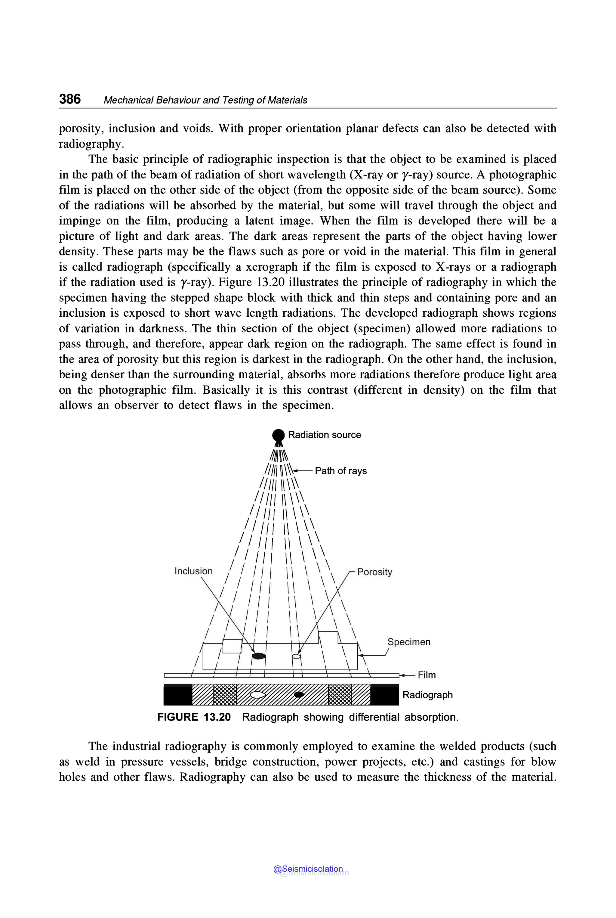 386 Mechanical Behaviour and Testing of Materials
porosity, inclusion and voids. With proper orientation planar defects can also be detected with
radiography.
The basic principle of radiographic inspection is that the object to be examined is placed
in the path of the beam of radiation of short wavelength (X-ray or y-ray) source. A photographic
film is placed on the other side of the object (from the opposite side of the beam source). Some
of the radiations will be absorbed by the material, but some will travel through the object and
impinge on the film, producing a latent image. When the film is developed there will be a
picture of light and dark areas. The dark areas represent the parts of the object having lower
density. These parts may be the flaws such as pore or void in the material. This film in general
is called radiograph (specifically a xerograph if the film is exposed to X-rays or a radiograph
if the radiation used is y-ray). Figure 13.20 illustrates the principle of radiography in which the
specimen having the stepped shape block with thick and thin steps and containing pore and an
inclusion is exposed to short wave length radiations. The developed radiograph shows regions
of variation in darkness. The thin section of the object (specimen) allowed more radiations to
pass through, and therefore, appear dark region on the radiograph. The same effect is found in
the area of porosity but this region is darkest in the radiograph. On the other hand, the inclusion,
being denser than the surrounding material, absorbs more radiations therefore produce light area
on the photographic film. Basically it is this contrast (different in density) on the film that
allows an observer to detect flaws in the specimen.
~ , . R a d i o g r a p h
FIGURE 13.20 Radiograph showing differential absorption.
The industrial radiography is commonly employed to examine the welded products (such
as weld in pressure vessels, bridge construction, power projects, etc.) and castings for blow
holes and other flaws. Radiography can also be used to measure the thickness of the material.
@Seismicisolation
@Seismicisolation
 