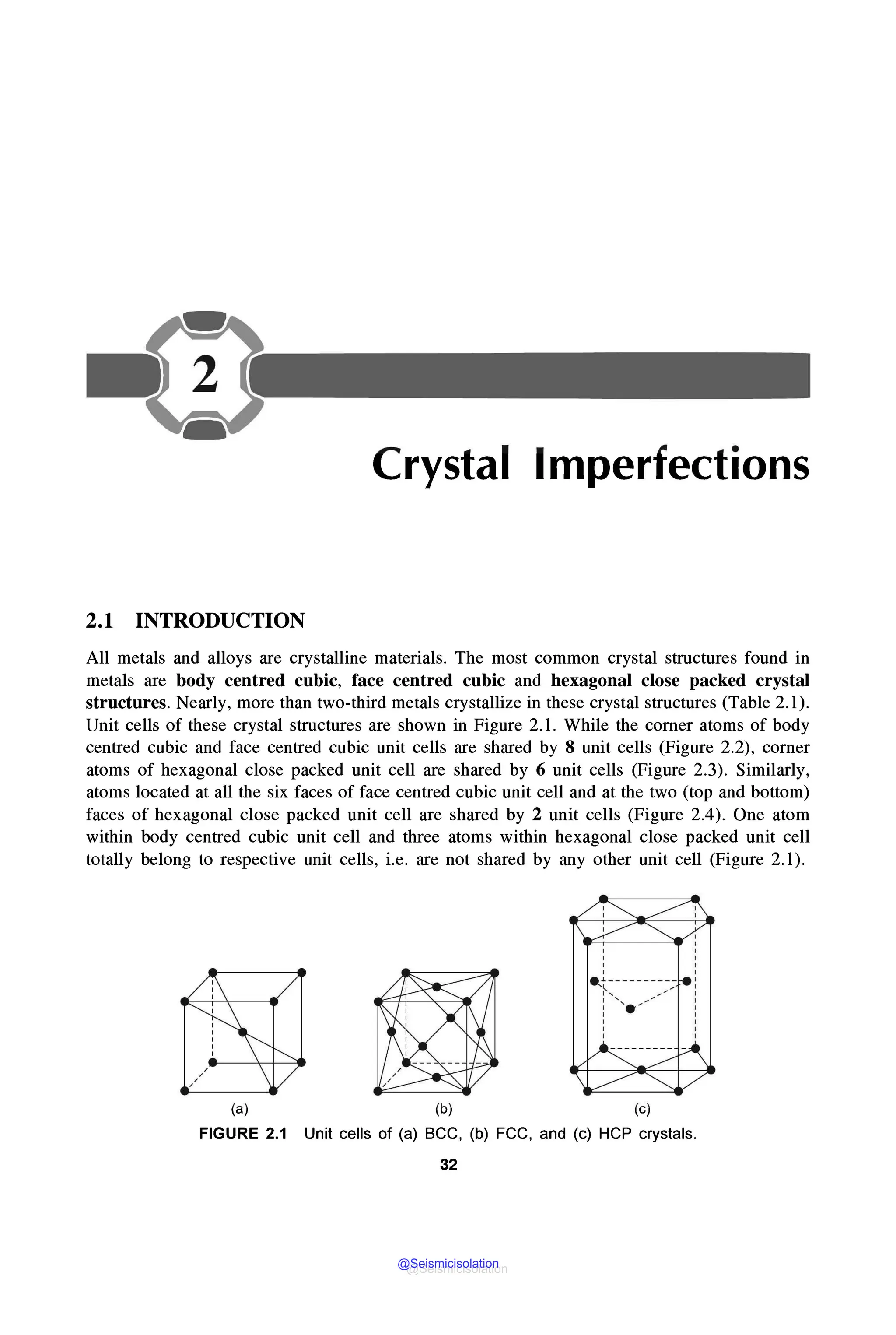 Crystal Imperfections
2.1 INTRODUCTION
All metals and alloys are crystalline materials. The most common crystal structures found in
metals are body centred cubic, face centred cubic and hexagonal close packed crystal
structures. Nearly, more than two-third metals crystallize in these crystal structures (Table 2. l).
Unit cells of these crystal structures are shown in Figure 2.l. While the corner atoms of body
centred cubic and face centred cubic unit cells are shared by 8 unit cells (Figure 2.2), corner
atoms of hexagonal close packed unit cell are shared by 6 unit cells (Figure 2.3). Similarly,
atoms located at all the six faces of face centred cubic unit cell and at the two (top and bottom)
faces of hexagonal close packed unit cell are shared by 2 unit cells (Figure 2.4). One atom
within body centred cubic unit cell and three atoms within hexagonal close packed unit cell
totally belong to respective unit cells, i.e. are not shared by any other unit cell (Figure 2. l).
(a) (b) (c)
FIGURE 2.1 Unit cells of (a) BCC, (b) FCC, and (c) HCP crystals.
32
@Seismicisolation
@Seismicisolation
 