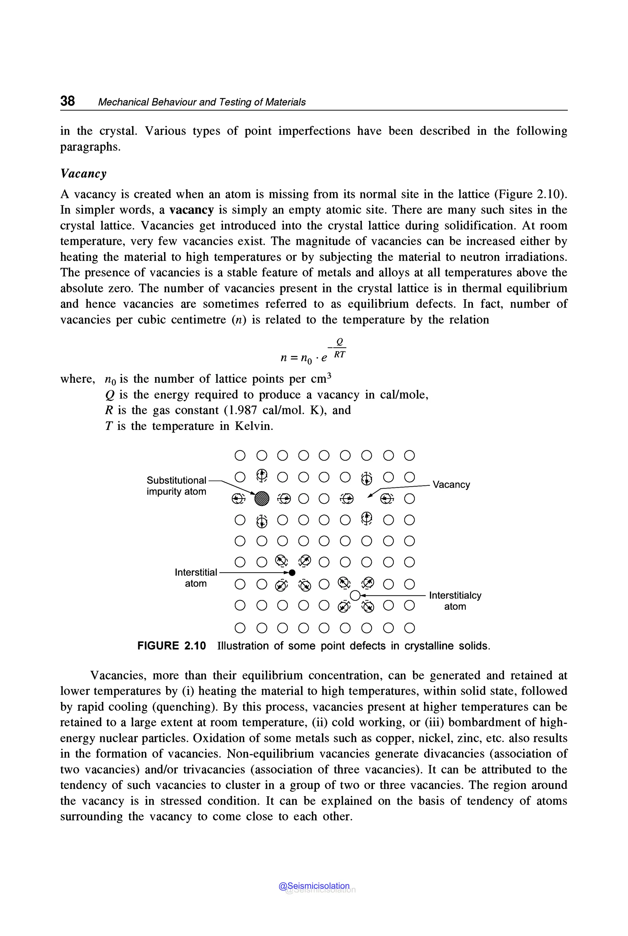 38 Mechanical Behaviour and Testing of Materials
in the crystal. Various types of point imperfections have been described m the following
paragraphs.
Vacancy
A vacancy is created when an atom is missing from its normal site in the lattice (Figure 2.10).
In simpler words, a vacancy is simply an empty atomic site. There are many such sites in the
crystal lattice. Vacancies get introduced into the crystal lattice during solidification. At room
temperature, very few vacancies exist. The magnitude of vacancies can be increased either by
heating the material to high temperatures or by subjecting the material to neutron irradiations.
The presence of vacancies is a stable feature of metals and alloys at all temperatures above the
absolute zero. The number of vacancies present in the crystal lattice is in thermal equilibrium
and hence vacancies are sometimes referred to as equilibrium defects. In fact, number of
vacancies per cubic centimetre (n) is related to the temperature by the relation
Q
n =no. e RT
where, n0 is the number of lattice points per cm3
Q is the energy required to produce a vacancy in cal/mole,
R is the gas constant (1.987 cal/mol. K), and
T is the temperature in Kelvin.
000000000
Substitutional-z ~ 0 0 0 0 ti) 0 0
impurity atom Ev -_ ,E) O O ,E) /Ev O
0 @ 0 0 0 0 ff), 0 0
000000000
00~~00000
Interstitial • •
atom ooe;~o~~oo
0 0 0 0 0 0°~ 0 0
000000000
Vacancy
lnterstitialcy
atom
FIGURE 2.10 Illustration of some point defects in crystalline solids.
Vacancies, more than their equilibrium concentration, can be generated and retained at
lower temperatures by (i) heating the material to high temperatures, within solid state, followed
by rapid cooling (quenching). By this process, vacancies present at higher temperatures can be
retained to a large extent at room temperature, (ii) cold working, or (iii) bombardment of high-
energy nuclear particles. Oxidation of some metals such as copper, nickel, zinc, etc. also results
in the formation of vacancies. Non-equilibrium vacancies generate divacancies (association of
two vacancies) and/or trivacancies (association of three vacancies). It can be attributed to the
tendency of such vacancies to cluster in a group of two or three vacancies. The region around
the vacancy is in stressed condition. It can be explained on the basis of tendency of atoms
surrounding the vacancy to come close to each other.
@Seismicisolation
@Seismicisolation
 
