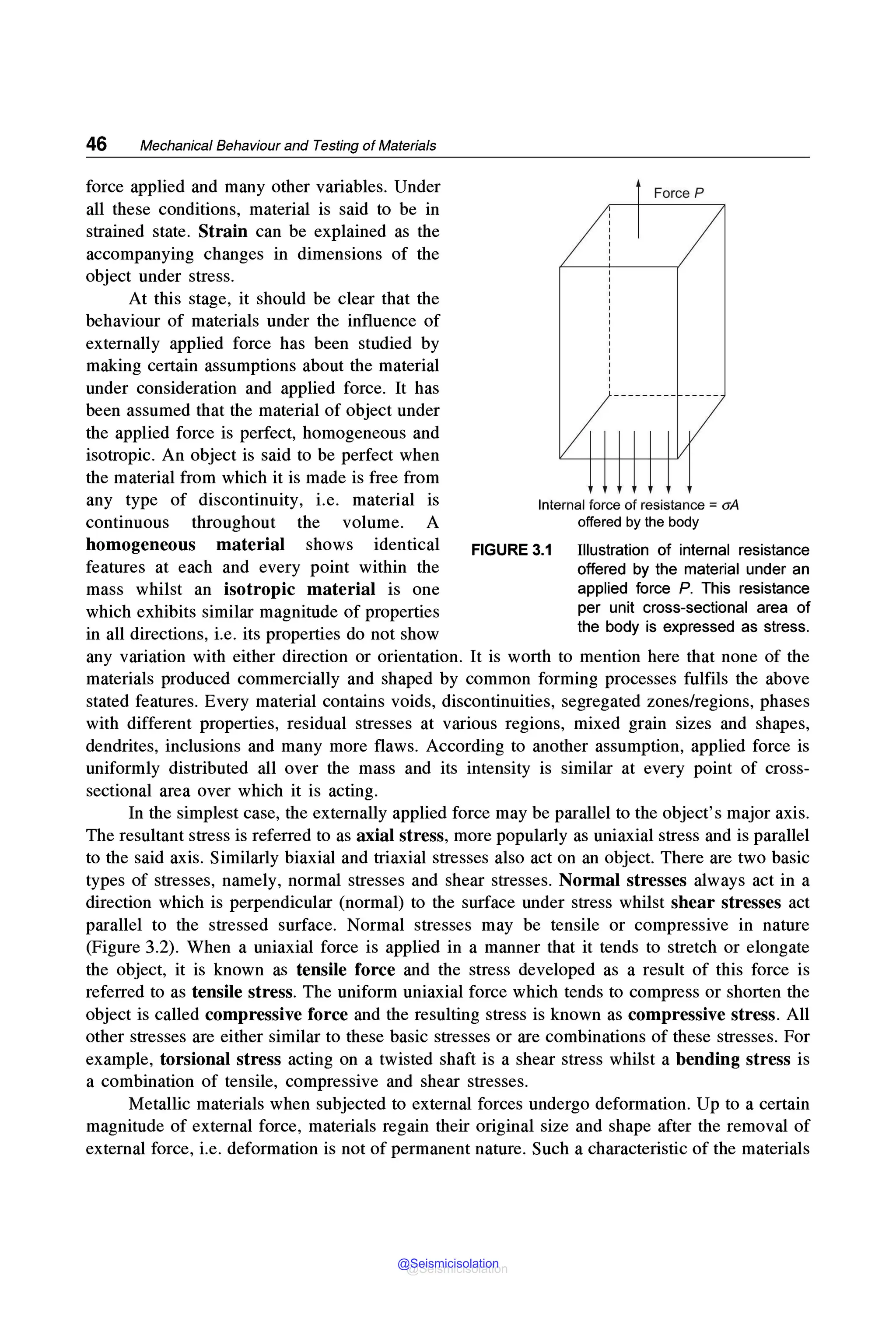 46 Mechanical Behaviour and Testing of Materials
force applied and many other variables. Under
all these conditions, material is said to be in
strained state. Strain can be explained as the
accompanying changes in dimensions of the
object under stress.
At this stage, it should be clear that the
behaviour of materials under the influence of
externally applied force has been studied by
making certain assumptions about the material
under consideration and applied force. It has
been assumed that the material of object under
the applied force is perfect, homogeneous and
isotropic. An object is said to be perfect when
the material from which it is made is free from
any type of discontinuity, i.e. material is
continuous throughout the volume. A
homogeneous material shows identical
features at each and every point within the
mass whilst an isotropic material is one
which exhibits similar magnitude of properties
in all directions, i.e. its properties do not show
Force P
Internal force of resistance = oA
offered by the body
FIGURE 3.1 Illustration of internal resistance
offered by the material under an
applied force P. This resistance
per unit cross-sectional area of
the body is expressed as stress.
any variation with either direction or orientation. It is worth to mention here that none of the
materials produced commercially and shaped by common forming processes fulfils the above
stated features. Every material contains voids, discontinuities, segregated zones/regions, phases
with different properties, residual stresses at various regions, mixed grain sizes and shapes,
dendrites, inclusions and many more flaws. According to another assumption, applied force is
uniformly distributed all over the mass and its intensity is similar at every point of cross-
sectional area over which it is acting.
In the simplest case, the externally applied force may be parallel to the object's major axis.
The resultant stress is referred to as axial stress, more popularly as uniaxial stress and is parallel
to the said axis. Similarly biaxial and triaxial stresses also act on an object. There are two basic
types of stresses, namely, normal stresses and shear stresses. Normal stresses always act in a
direction which is perpendicular (normal) to the surface under stress whilst shear stresses act
parallel to the stressed surface. Normal stresses may be tensile or compressive in nature
(Figure 3.2). When a uniaxial force is applied in a manner that it tends to stretch or elongate
the object, it is known as tensile force and the stress developed as a result of this force is
referred to as tensile stress. The uniform uniaxial force which tends to compress or shorten the
object is called compressive force and the resulting stress is known as compressive stress. All
other stresses are either similar to these basic stresses or are combinations of these stresses. For
example, torsional stress acting on a twisted shaft is a shear stress whilst a bending stress is
a combination of tensile, compressive and shear stresses.
Metallic materials when subjected to external forces undergo deformation. Up to a certain
magnitude of external force, materials regain their original size and shape after the removal of
external force, i.e. deformation is not of permanent nature. Such a characteristic of the materials
@Seismicisolation
@Seismicisolation
 