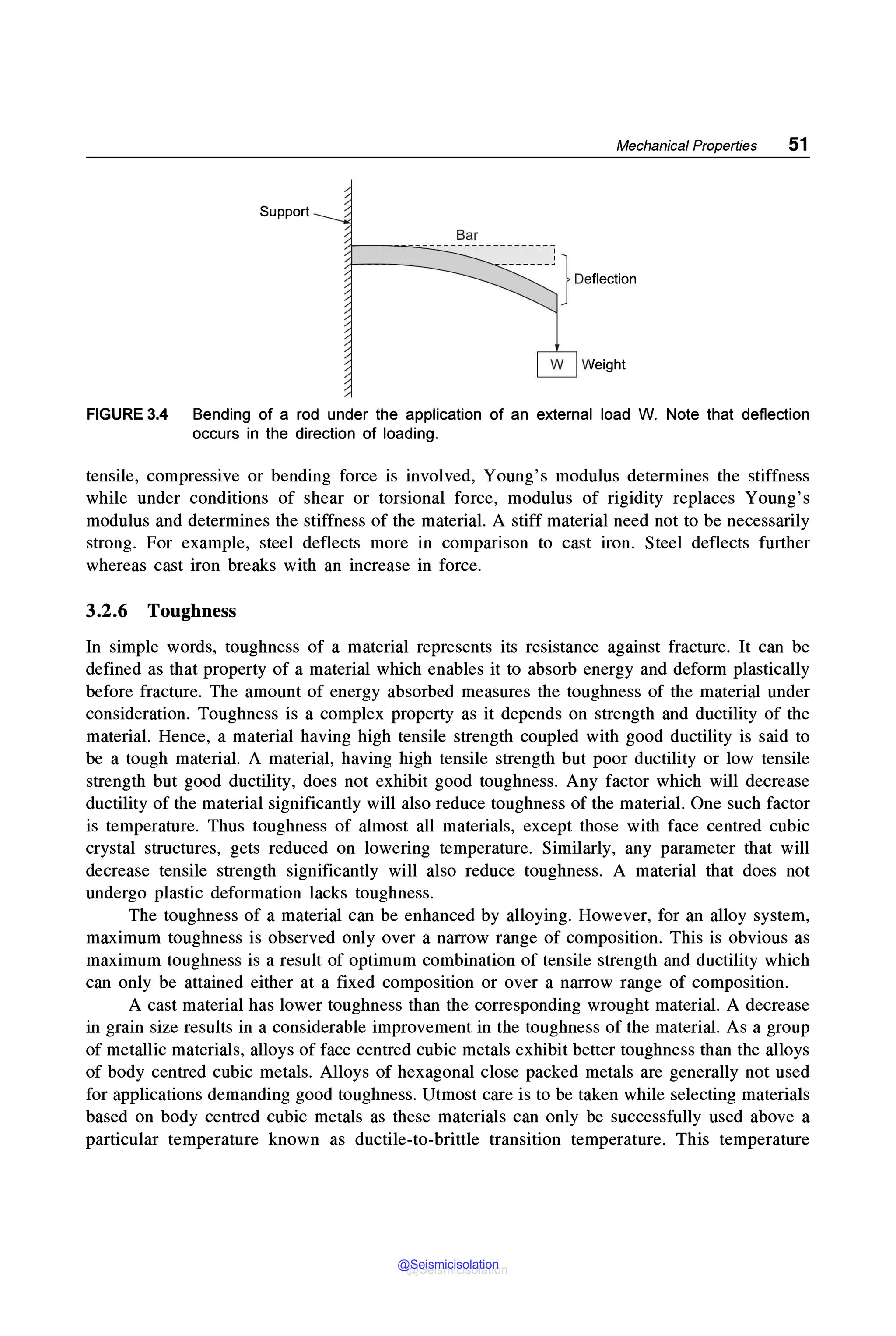 Mechanical Properties 51
Support
Bar
;+-----~--=--=-:.::_-·-- - -------------
_
______J}Defle,tioe
FIGURE 3.4 Bending of a rod under the application of an external load W. Note that deflection
occurs in the direction of loading.
tensile, compressive or bending force is involved, Young's modulus determines the stiffness
while under conditions of shear or torsional force, modulus of rigidity replaces Young's
modulus and determines the stiffness of the material. A stiff material need not to be necessarily
strong. For example, steel deflects more in comparison to cast iron. Steel deflects further
whereas cast iron breaks with an increase in force.
3.2.6 Toughness
In simple words, toughness of a material represents its resistance against fracture. It can be
defined as that property of a material which enables it to absorb energy and deform plastically
before fracture. The amount of energy absorbed measures the toughness of the material under
consideration. Toughness is a complex property as it depends on strength and ductility of the
material. Hence, a material having high tensile strength coupled with good ductility is said to
be a tough material. A material, having high tensile strength but poor ductility or low tensile
strength but good ductility, does not exhibit good toughness. Any factor which will decrease
ductility of the material significantly will also reduce toughness of the material. One such factor
is temperature. Thus toughness of almost all materials, except those with face centred cubic
crystal structures, gets reduced on lowering temperature. Similarly, any parameter that will
decrease tensile strength significantly will also reduce toughness. A material that does not
undergo plastic deformation lacks toughness.
The toughness of a material can be enhanced by alloying. However, for an alloy system,
maximum toughness is observed only over a narrow range of composition. This is obvious as
maximum toughness is a result of optimum combination of tensile strength and ductility which
can only be attained either at a fixed composition or over a narrow range of composition.
A cast material has lower toughness than the corresponding wrought material. A decrease
in grain size results in a considerable improvement in the toughness of the material. As a group
of metallic materials, alloys of face centred cubic metals exhibit better toughness than the alloys
of body centred cubic metals. Alloys of hexagonal close packed metals are generally not used
for applications demanding good toughness. Utmost care is to be taken while selecting materials
based on body centred cubic metals as these materials can only be successfully used above a
particular temperature known as ductile-to-brittle transition temperature. This temperature
@Seismicisolation
@Seismicisolation
 