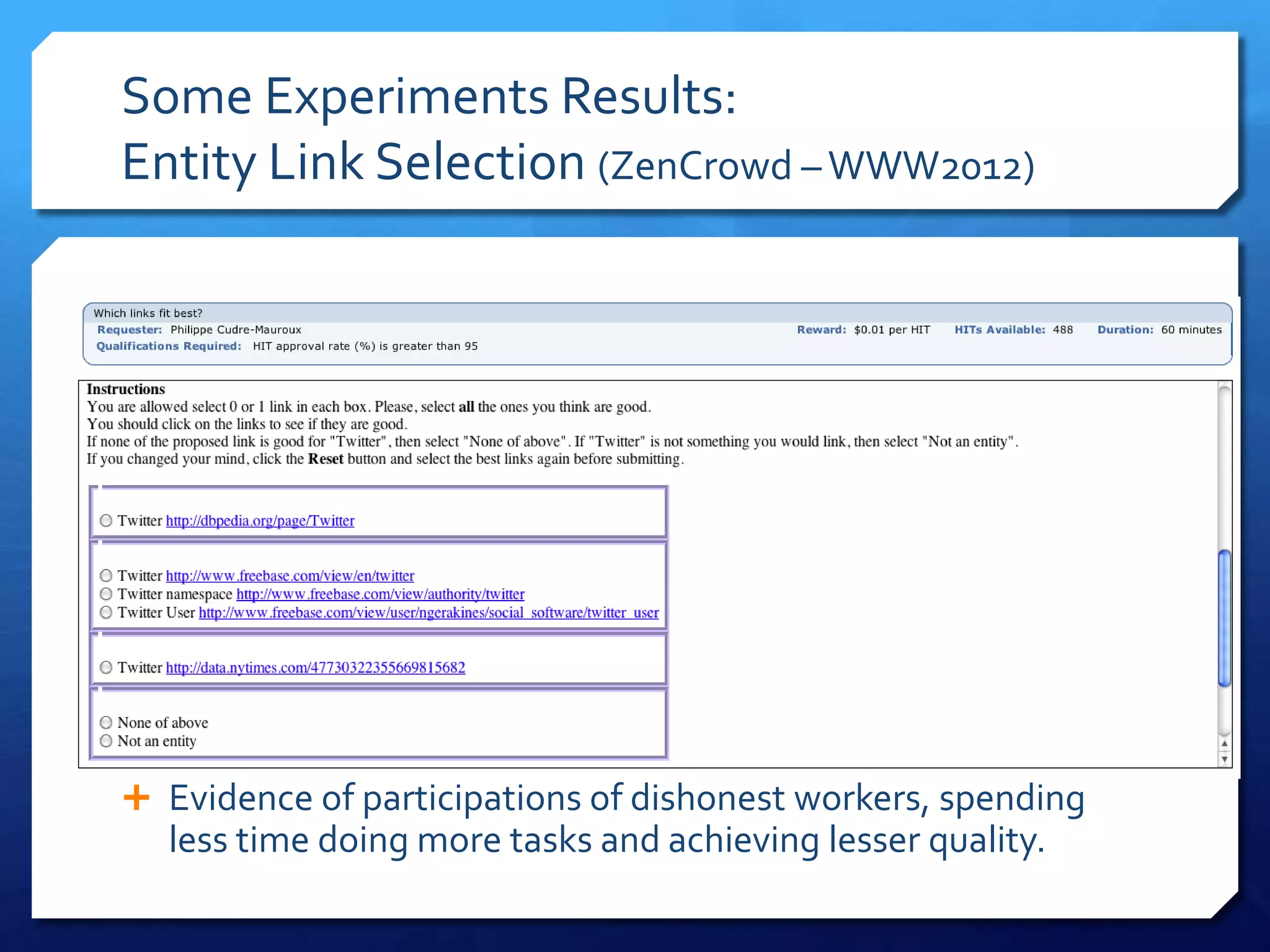 Some Experiments Results:
Entity Link Selection (ZenCrowd – WWW2012)

 Evidence of participations of dishonest workers, spending

less time doing more tasks and achieving lesser quality.

 