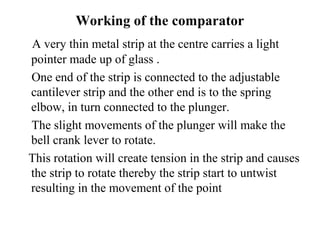 Working of the comparator
A very thin metal strip at the centre carries a light
pointer made up of glass .
One end of the strip is connected to the adjustable
cantilever strip and the other end is to the spring
elbow, in turn connected to the plunger.
The slight movements of the plunger will make the
bell crank lever to rotate.
This rotation will create tension in the strip and causes
the strip to rotate thereby the strip start to untwist
resulting in the movement of the point
 