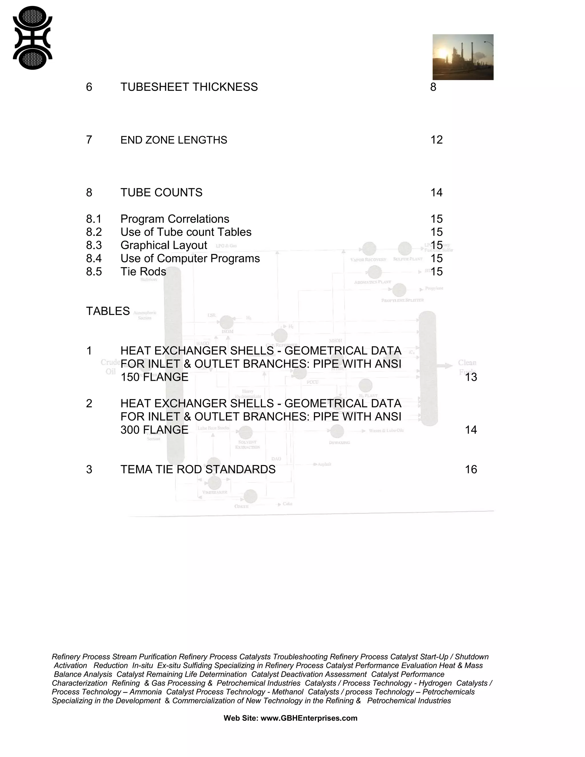 6

TUBESHEET THICKNESS

8

7

END ZONE LENGTHS

12

8

TUBE COUNTS

14

8.1
8.2
8.3
8.4
8.5

Program Correlations
Use of Tube count Tables
Graphical Layout
Use of Computer Programs
Tie Rods

15
15
15
15
15

TABLES

1

2

3

HEAT EXCHANGER SHELLS - GEOMETRICAL DATA
FOR INLET & OUTLET BRANCHES: PIPE WITH ANSI
150 FLANGE

13

HEAT EXCHANGER SHELLS - GEOMETRICAL DATA
FOR INLET & OUTLET BRANCHES: PIPE WITH ANSI
300 FLANGE

14

TEMA TIE ROD STANDARDS

16

Refinery Process Stream Purification Refinery Process Catalysts Troubleshooting Refinery Process Catalyst Start-Up / Shutdown
Activation Reduction In-situ Ex-situ Sulfiding Specializing in Refinery Process Catalyst Performance Evaluation Heat & Mass
Balance Analysis Catalyst Remaining Life Determination Catalyst Deactivation Assessment Catalyst Performance
Characterization Refining & Gas Processing & Petrochemical Industries Catalysts / Process Technology - Hydrogen Catalysts /
Process Technology – Ammonia Catalyst Process Technology - Methanol Catalysts / process Technology – Petrochemicals
Specializing in the Development & Commercialization of New Technology in the Refining & Petrochemical Industries
Web Site: www.GBHEnterprises.com

 