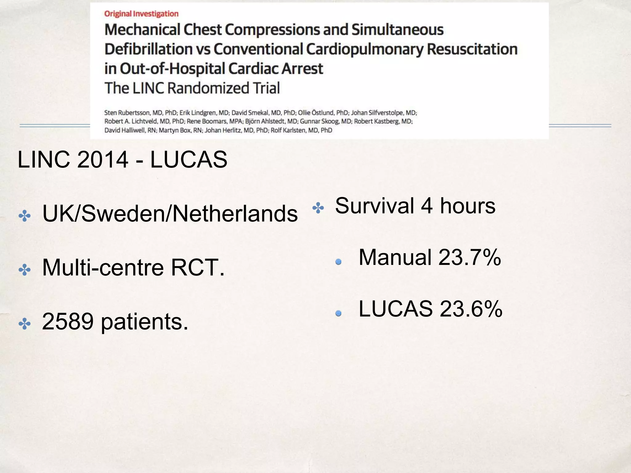 LINC 2014 - LUCAS
✤ UK/Sweden/Netherlands
✤ Multi-centre RCT.
✤ 2589 patients.
✤ Survival 4 hours
Manual 23.7%
LUCAS 23.6%
 