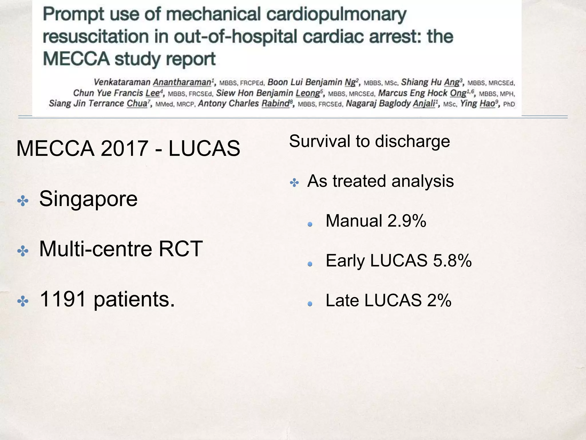 MECCA 2017 - LUCAS
✤ Singapore
✤ Multi-centre RCT
✤ 1191 patients.
Survival to discharge
✤ As treated analysis
Manual 2.9%
Early LUCAS 5.8%
Late LUCAS 2%
 