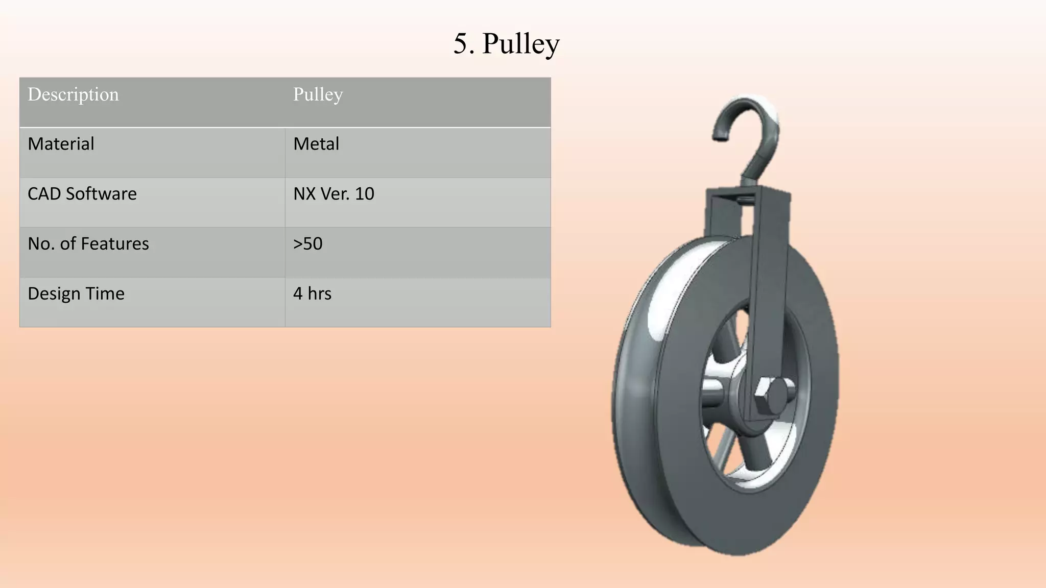 5. Pulley
Description Pulley
Material Metal
CAD Software NX Ver. 10
No. of Features >50
Design Time 4 hrs
 