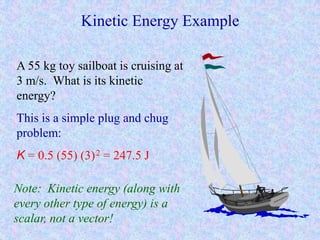 Kinetic Energy Example
A 55 kg toy sailboat is cruising at
3 m/s. What is its kinetic
energy?
This is a simple plug and chug
problem:
K = 0.5 (55) (3)2 = 247.5 J
Note: Kinetic energy (along with
every other type of energy) is a
scalar, not a vector!
 