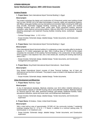 AYMAN ABDALLAH 
Senior Mechanical Engineer, MEP, LEED Green Associate   
Sheet 5 of 7
Aviation Projects
1. Project Name: Cairo International Airport Terminal Building 3 - Egypt
About project:
The project comprises the design and construction of A three-level central main building of total
built up area 164,000 m2 to the latest technologies of security, safety and operational systems,
with fifteen swing gate facilities serving international and domestic flights including the A380 wide
body aircrafts. Automated baggage handling, screening and sorting system and ancillary
buildings including apron control tower, power plant, HVAC equipment building, electrical
substation, water reservoir and pumping stations. Halls are 320x150m, for processing all arriving,
departing passengers and basement housing facilities including stores, workshops, baggage
handling.
- Contract Package Value: $ 450 million
- Scope Includes: Schematic design, detailed design, Tender documents, and Construction
supervision
2. Project Name: Cairo International Airport Terminal Building 2 - Egypt
About project:
Cairo International Airport terminal building 2 is undergoing a major renovation effort to double its
capacity to 7.5 million passengers per year. With a built-up area of 170,000 m2 the project
comprises the renovation of the existing Terminal Building 2, the construction of new buildings
which includes a new departure hall, and a new airside pier, doubling the existing total built-up
area of TB 2.
- Scope Includes: Schematic design, detailed design, Tender documents, and Construction
management and supervision
3. Project Name: King Khalid International Airport International – Saudi Arabia
About project:
King Khaled International Airport consists of three Terminal buildings, two of them are
International and the third is Domestic. The project's scope is limited to the departure halls of the
three terminals.
- Scope Includes: Schematic design, detailed design, Tender documents.
Urban Development and Mixed-Use
1. Project Name: Madinaty - Egypt
About project:
A city of international standards, Madinaty stretches over 33.6 million m2whilst delivering an
accommodation capacity of 120,000 housing units to serve 600,000 residents. Madinaty features
an 159-acre open-air mall, villas, apartment buildings, golf retreats, healthcare facilities, hotels,
educational institutions, sports and social clubs, and entertainment destinations
- Scope Includes: Schematic design, detailed design, Tender documents, and Construction
supervision
2. Project Name: Al Andalus - Dubai, United Arab Emirates
About project:
With a total built-up area of approximately 157,000 m2, the community includes 7 residential
buildings (ranging from G + 6 to G + 11 floors), in addition to a common parking area, 75
townhouses(2, 3, or 4-bedroom unit)
- Scope Includes: Schematic design, detailed design, Tender documents, and Construction
supervision
 