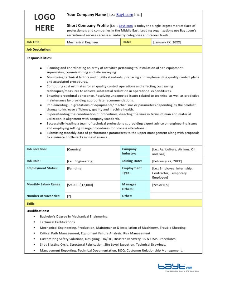 mechanical engineer job description template by bayt com project engineer mechanical job description
