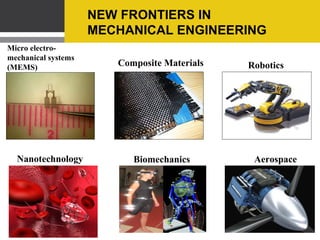 NEW FRONTIERS IN
MECHANICAL ENGINEERING
Micro electromechanical systems
(MEMS)

Nanotechnology

Composite Materials

Biomechanics

Robotics

Aerospace

 