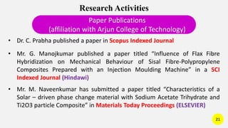 Research Activities
Paper Publications
(affiliation with Arjun College of Technology)
• Mr. G. Manojkumar published a paper titled “Influence of Flax Fibre
Hybridization on Mechanical Behaviour of Sisal Fibre-Polypropylene
Composites Prepared with an Injection Moulding Machine” in a SCI
Indexed Journal (Hindawi)
• Mr. M. Naveenkumar has submitted a paper titled “Characteristics of a
Solar – driven phase change material with Sodium Acetate Trihydrate and
Ti2O3 particle Composite” in Materials Today Proceedings (ELSEVIER)
• Dr. C. Prabha published a paper in Scopus Indexed Journal
21
 