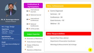 Mr. N. Kumaragurubaran
Assistant Professor
M.E. Engg. Design
Other Achievements
Other Responsibilities
Experience
Teaching – 14 Years
Industry – 0 Year
Specialization
Engineering Design
Email:
kumaragurubaran06@gmail
.com
Second Year Class advisor
Department of Association Coordinator
Metrology & Measurements lab Incharge
Publications &
Participations
International
Journals
02
10
05
National
Conferences
STTPs & FDPs
01 National Journal
09
International
Conferences
01 Industrial Training
Subject Expertize
Kinematics of Machinery
Finite Element Analysis
Design of Machine
Elements
Dynamics of Machines
Events Organized
Seminars - 10
Conferences - 04
Guest lectures – 02
Webinar - 01
8
 
