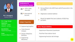Mr. P. Kanagaraj
Assistant Professor
Publication &
Participation Details
M.E. Engg. Design
Other Achievements
Other Responsibilities
STTP / FDPs
attended
05
Got qualified in the GATE Exam with 87 percentile in the
year 2009
Organized a national webinar
Placed all eligible final year students of 2022 Pass
out batch
Experience
Teaching – 7 Years
Industry – 10 Years
Specialization
Engineering Design
Email:
kanaguhari@gmail.com
Department Placement Coordinator
Final Year Class advisor Assist
International
Journals
01
Subject Expertize
Engineering Graphics
Finite Element
Analysis
Design of Machine
Elements
Engineering
Mechanics
Engineering Practices lab Incharge
9
 