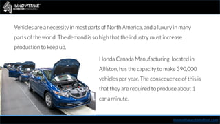 Vehicles are a necessity in most parts of North America, and a luxury in many
parts of the world. The demand is so high that the industry must increase
production to keep up.
innovativeautomation.com
Honda Canada Manufacturing, located in
Alliston, has the capacity to make 390,000
vehicles per year. The consequence of this is
that they are required to produce about 1
car a minute.
 