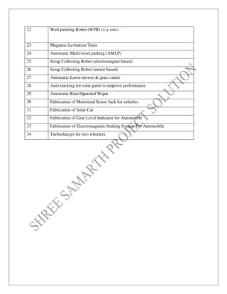 22 Wall painting Robot (WPR) (x-y axis)
23 Magnetic Levitation Train
24 Automatic Multi-level parking (AMLP)
25 Scrap Collecting Robot (electromagnet based)
26 Scrap Collecting Robot (motor based)
27 Automatic Lawn-mower & grass cutter
28 Auto tracking for solar panel to improve performance
29 Automatic Rain Operated Wiper
30 Fabrication of Motorized Screw Jack for vehicles.
31 Fabrication of Solar Car
32 Fabrication of Gear Level Indicator for Automobile
33 Fabrication of Electromagnetic braking System For Automobile
34 Turbocharger for two wheelers
 